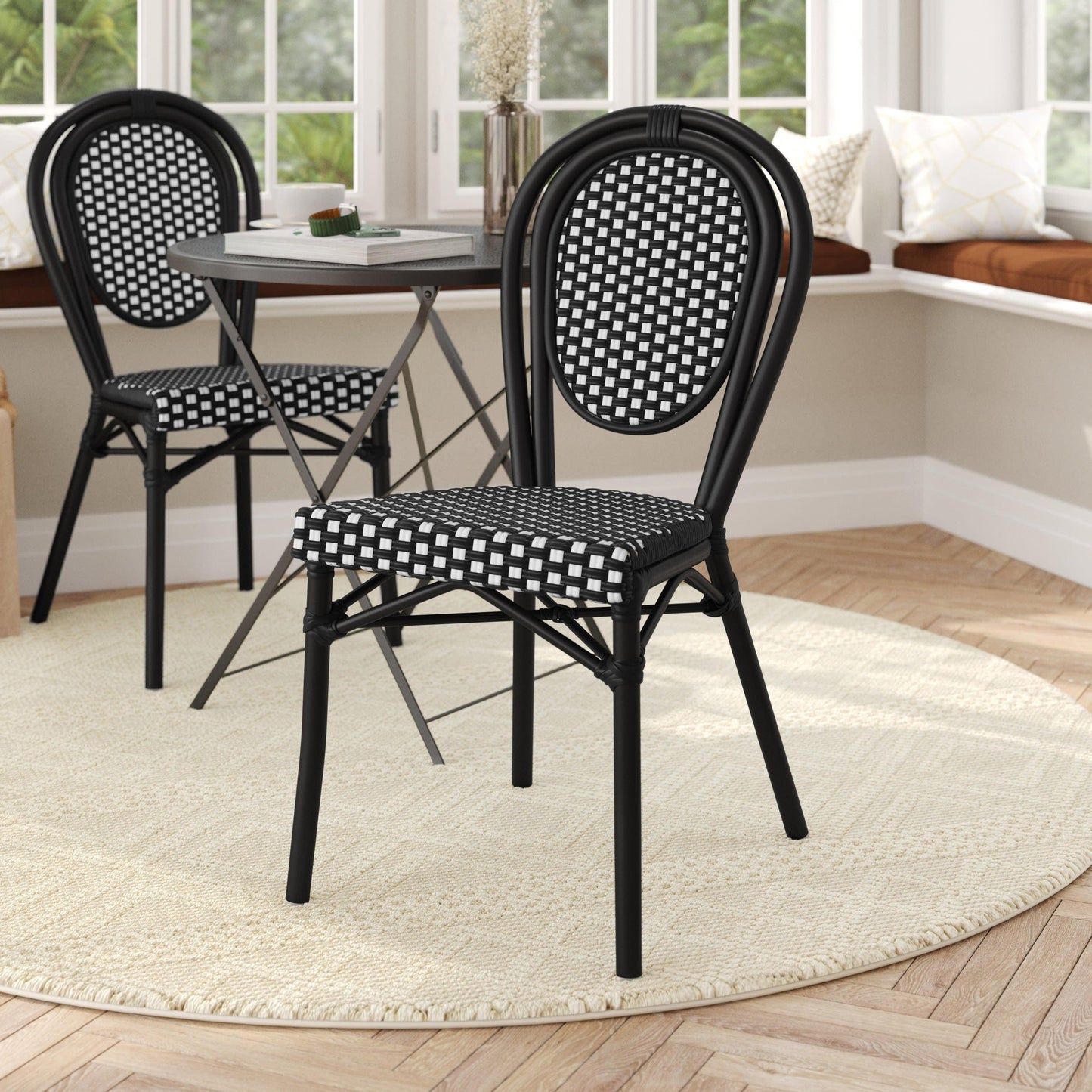 Lourdes Indoor/Outdoor Commercial Thonet Bistro Stacking Chair, PE Rattan and Aluminum Frame