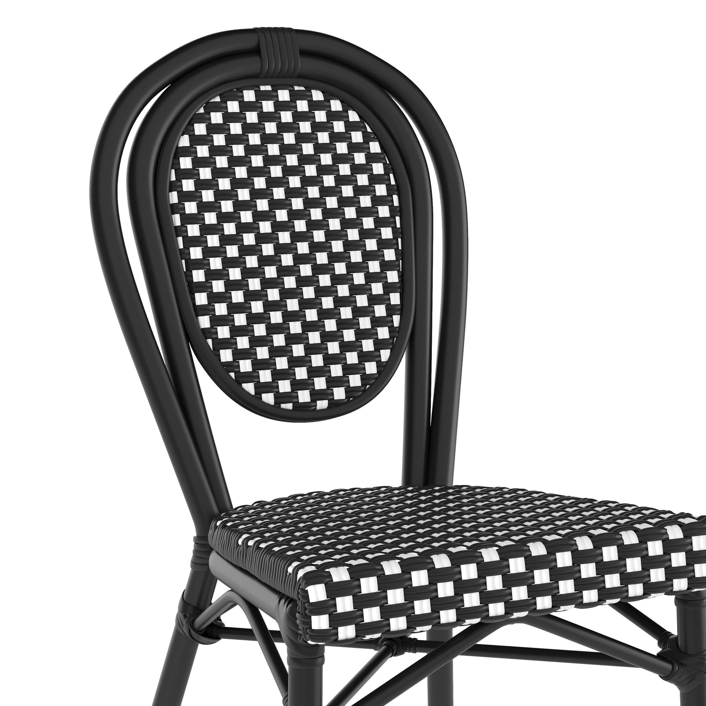 Lourdes Indoor/Outdoor Commercial Thonet Bistro Stacking Chair, PE Rattan and Aluminum Frame