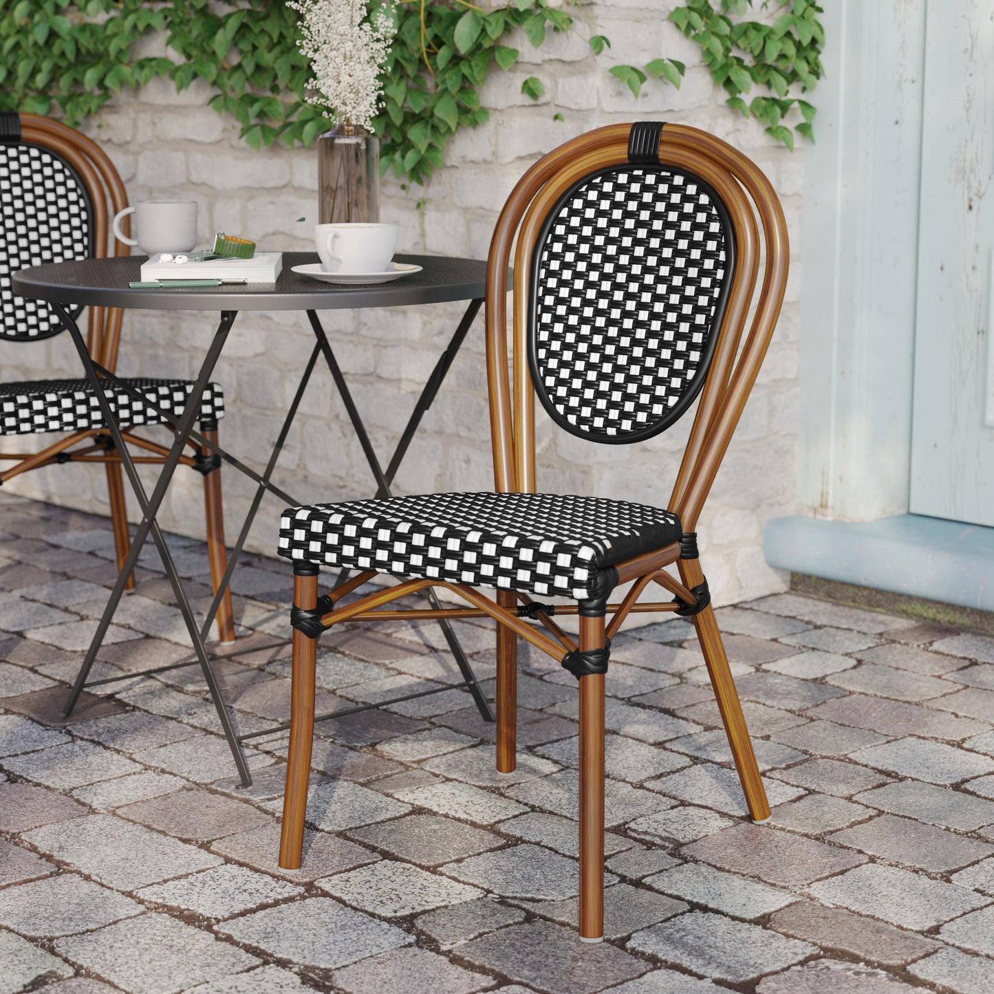 Lourdes Indoor/Outdoor Commercial Thonet Bistro Stacking Chair, PE Rattan and Aluminum Frame