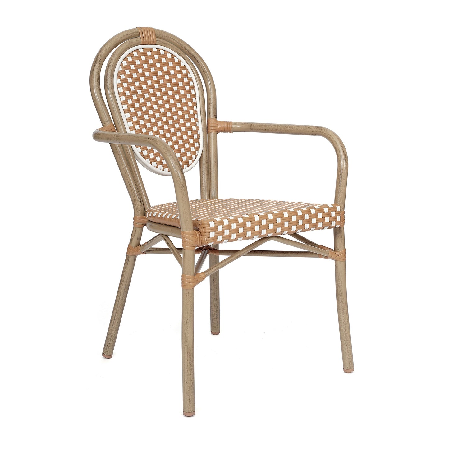 Lourdes Indoor/Outdoor Commercial Thonet Bistro Stacking Chair with Arms, PE Rattan and Aluminum Frame