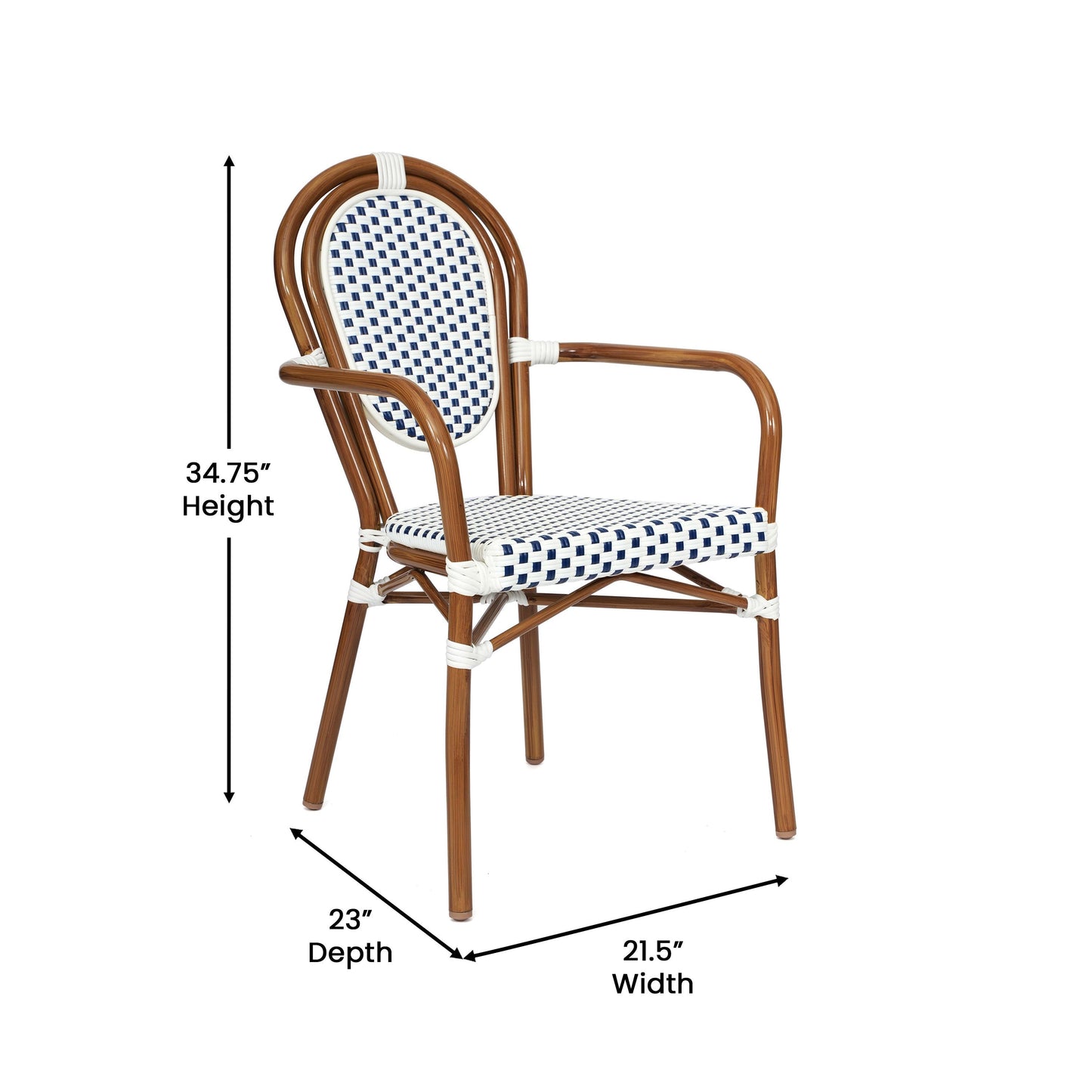 Lourdes Indoor/Outdoor Commercial Thonet Bistro Stacking Chair with Arms, PE Rattan and Aluminum Frame
