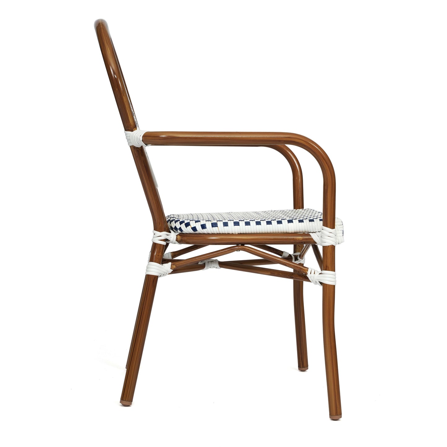 Lourdes Indoor/Outdoor Commercial Thonet Bistro Stacking Chair with Arms, PE Rattan and Aluminum Frame