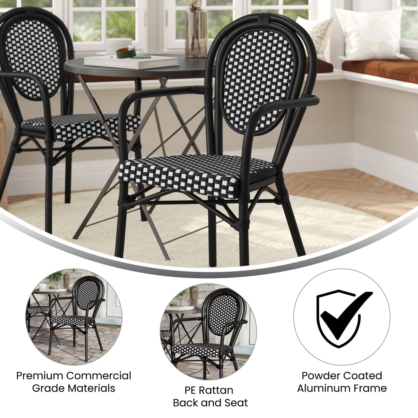 Lourdes Indoor/Outdoor Commercial Thonet Bistro Stacking Chair with Arms, PE Rattan and Aluminum Frame