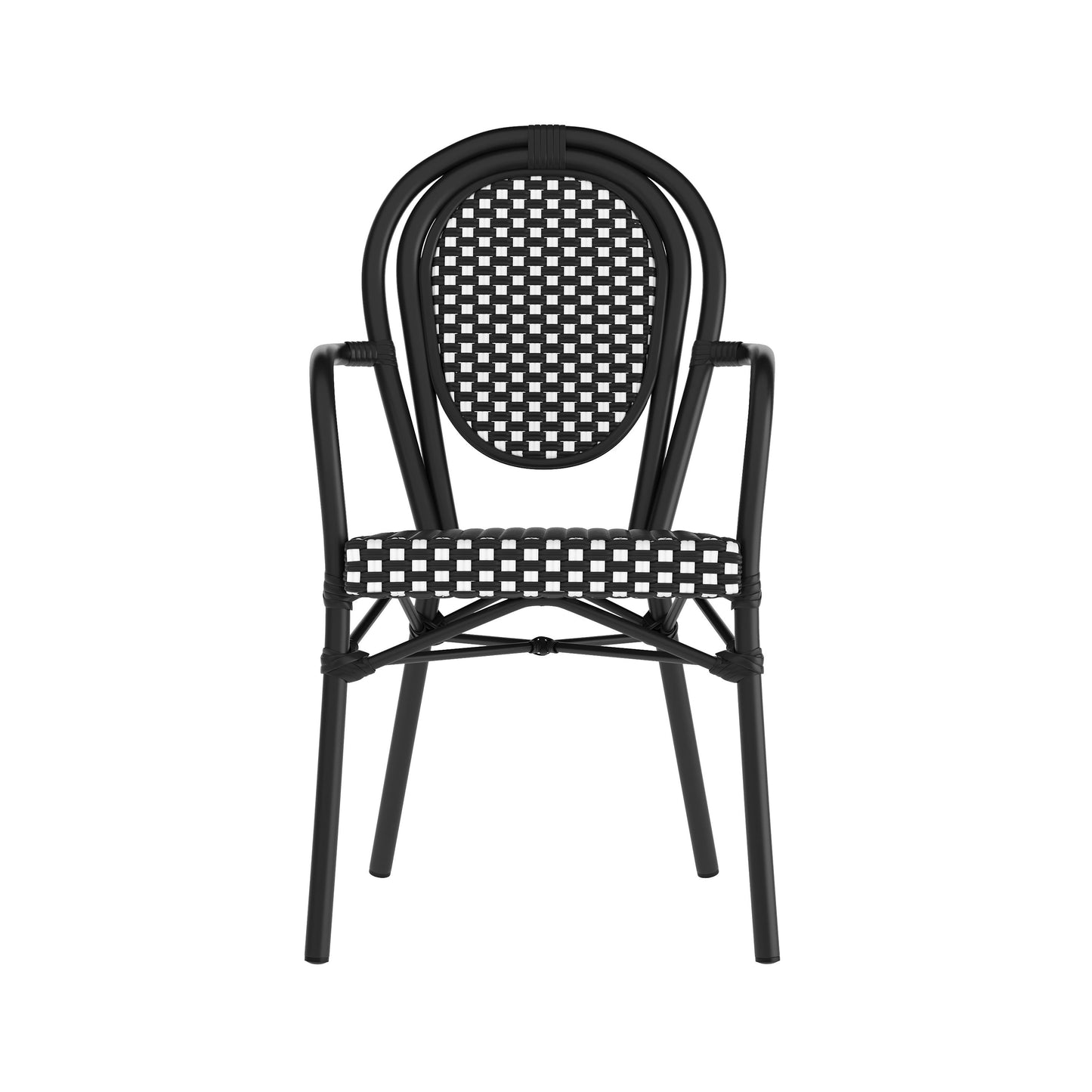 Lourdes Indoor/Outdoor Commercial Thonet Bistro Stacking Chair with Arms, PE Rattan and Aluminum Frame