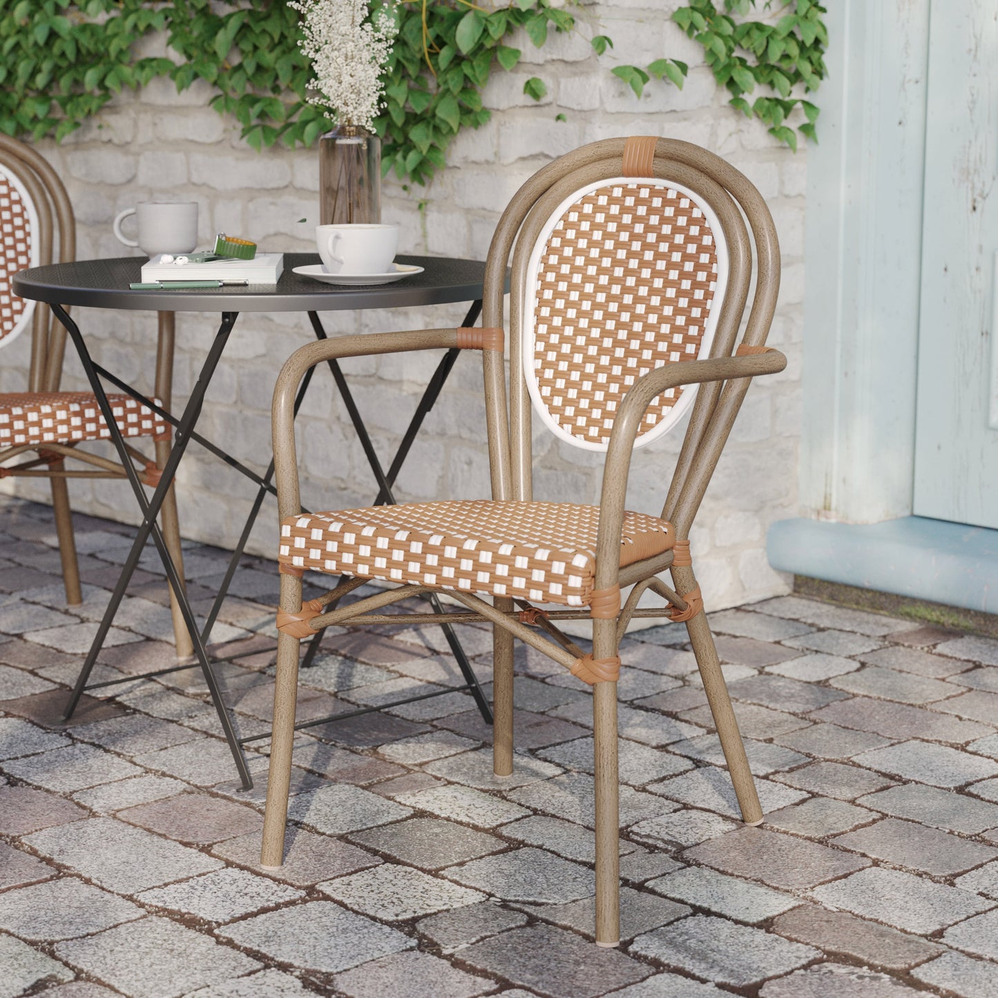 Lourdes Indoor/Outdoor Commercial Thonet Bistro Stacking Chair with Arms, PE Rattan and Aluminum Frame