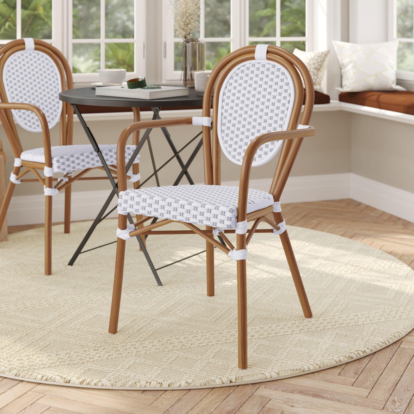 Lourdes Indoor/Outdoor Commercial Thonet Bistro Stacking Chair with Arms, PE Rattan and Aluminum Frame