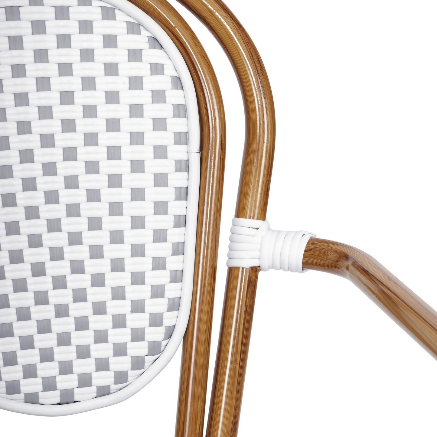 Lourdes Indoor/Outdoor Commercial Thonet Bistro Stacking Chair with Arms, PE Rattan and Aluminum Frame