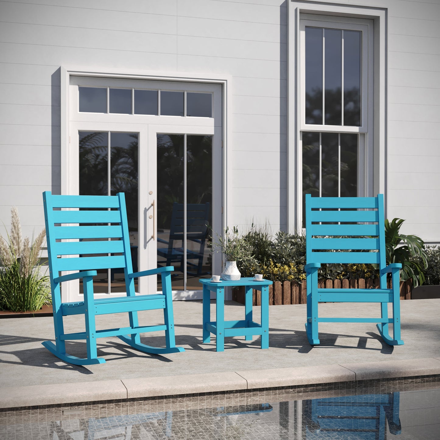 Manchester Commercial Grade 3-Piece Indoor/Outdoor Set with 2 Contemporary All-Weather HDPE Rocking Chairs and End Table