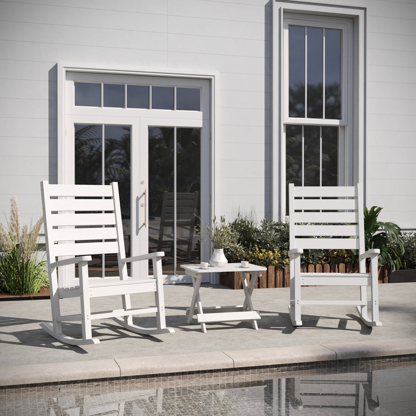 Manchester Commercial Grade 3-Piece Indoor/Outdoor Set with 2 Contemporary All-Weather HDPE Rocking Chairs and End Table
