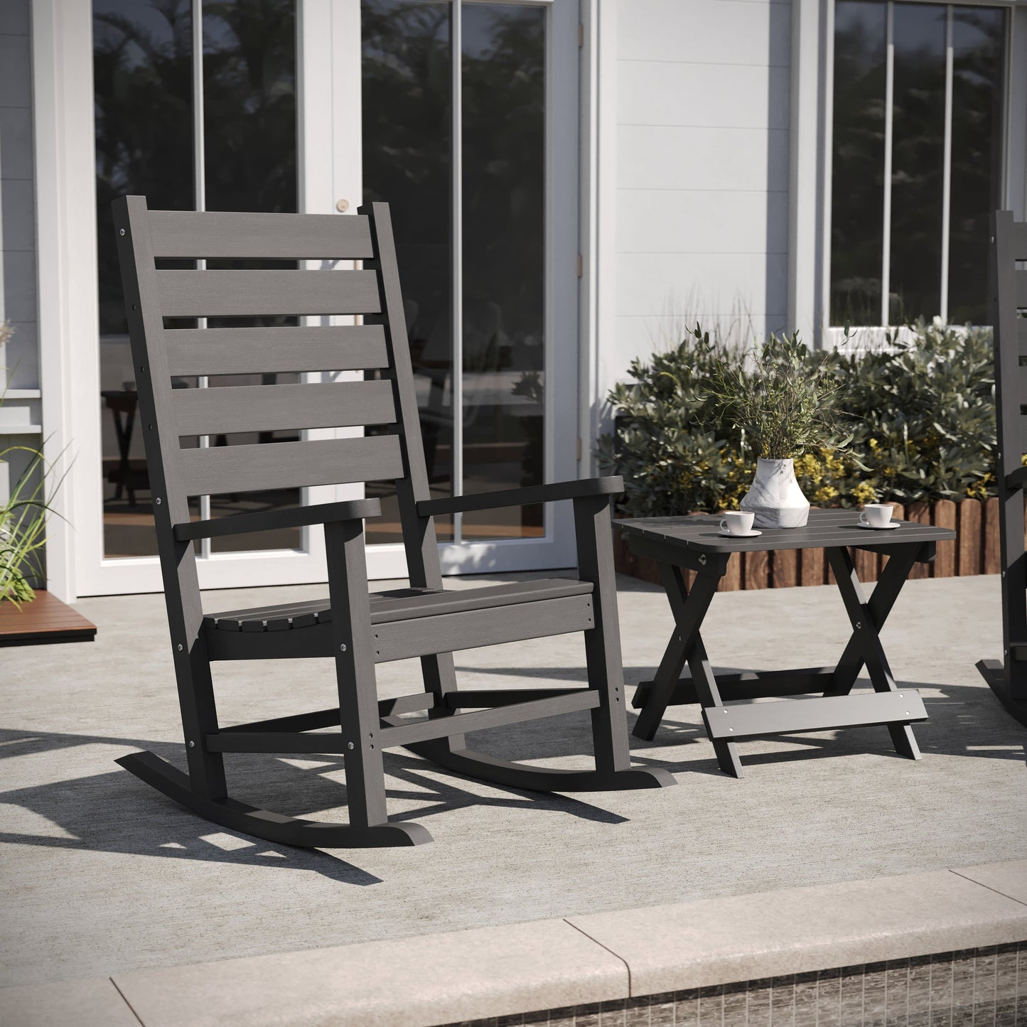 Manchester Commercial Grade 3-Piece Indoor/Outdoor Set with 2 Contemporary All-Weather HDPE Rocking Chairs and End Table