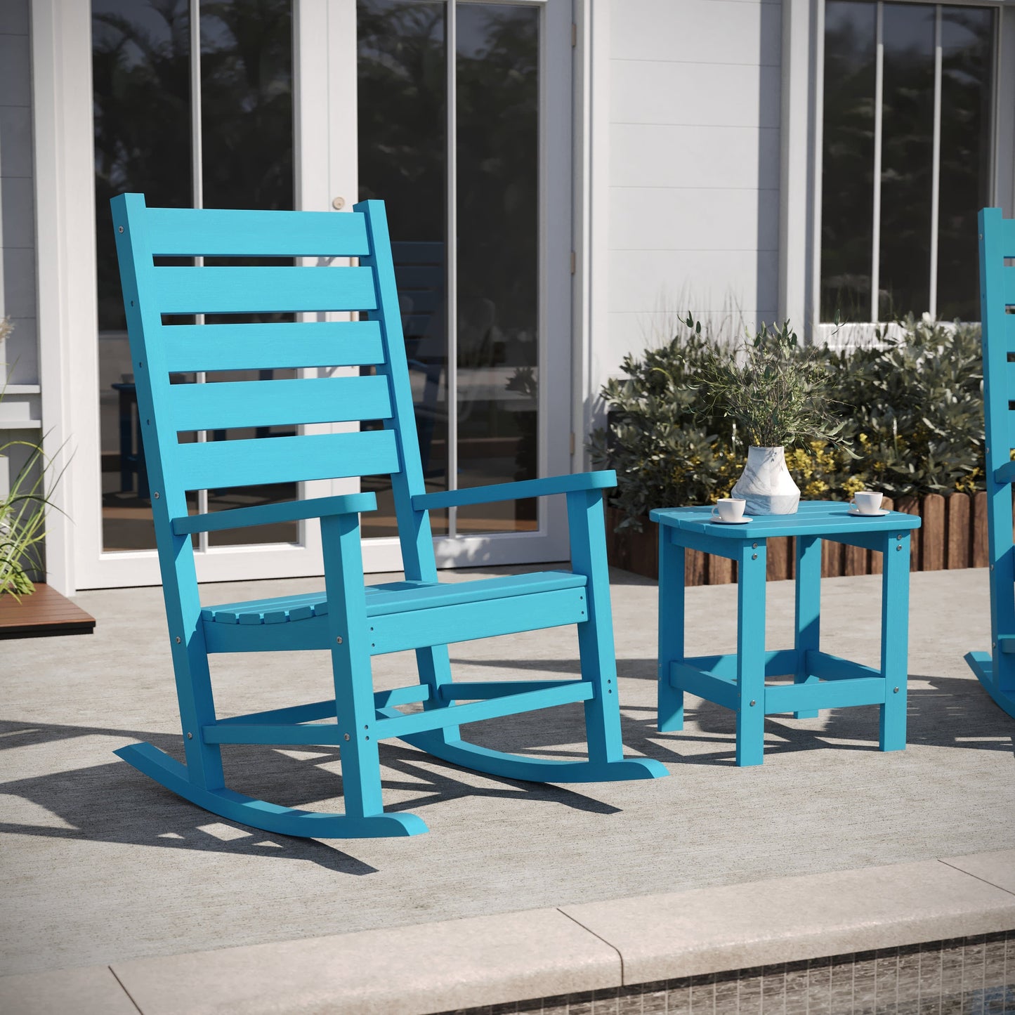 Manchester Commercial Grade 3-Piece Indoor/Outdoor Set with 2 Contemporary All-Weather HDPE Rocking Chairs and End Table