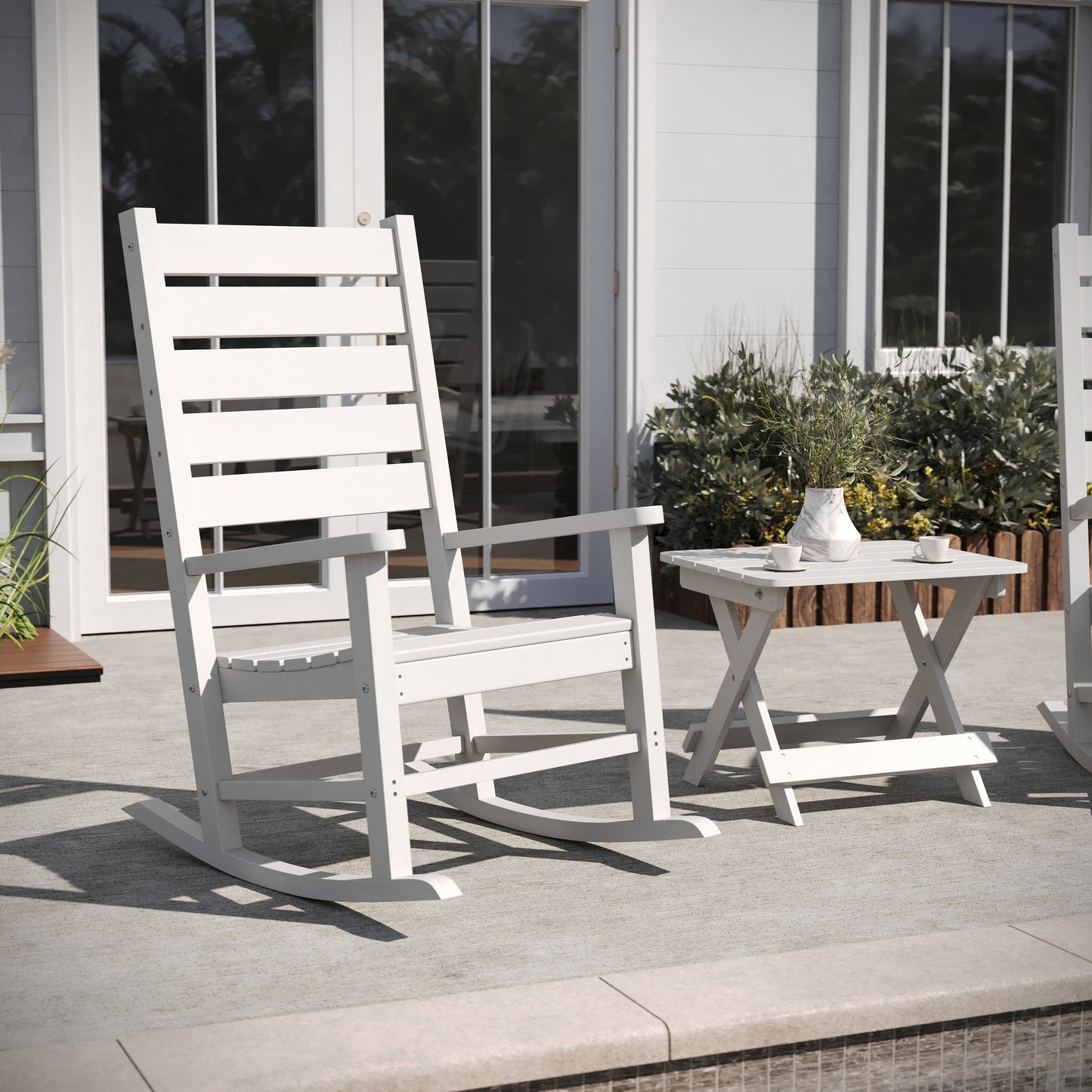 Manchester Commercial Grade 3-Piece Indoor/Outdoor Set with 2 Contemporary All-Weather HDPE Rocking Chairs and End Table