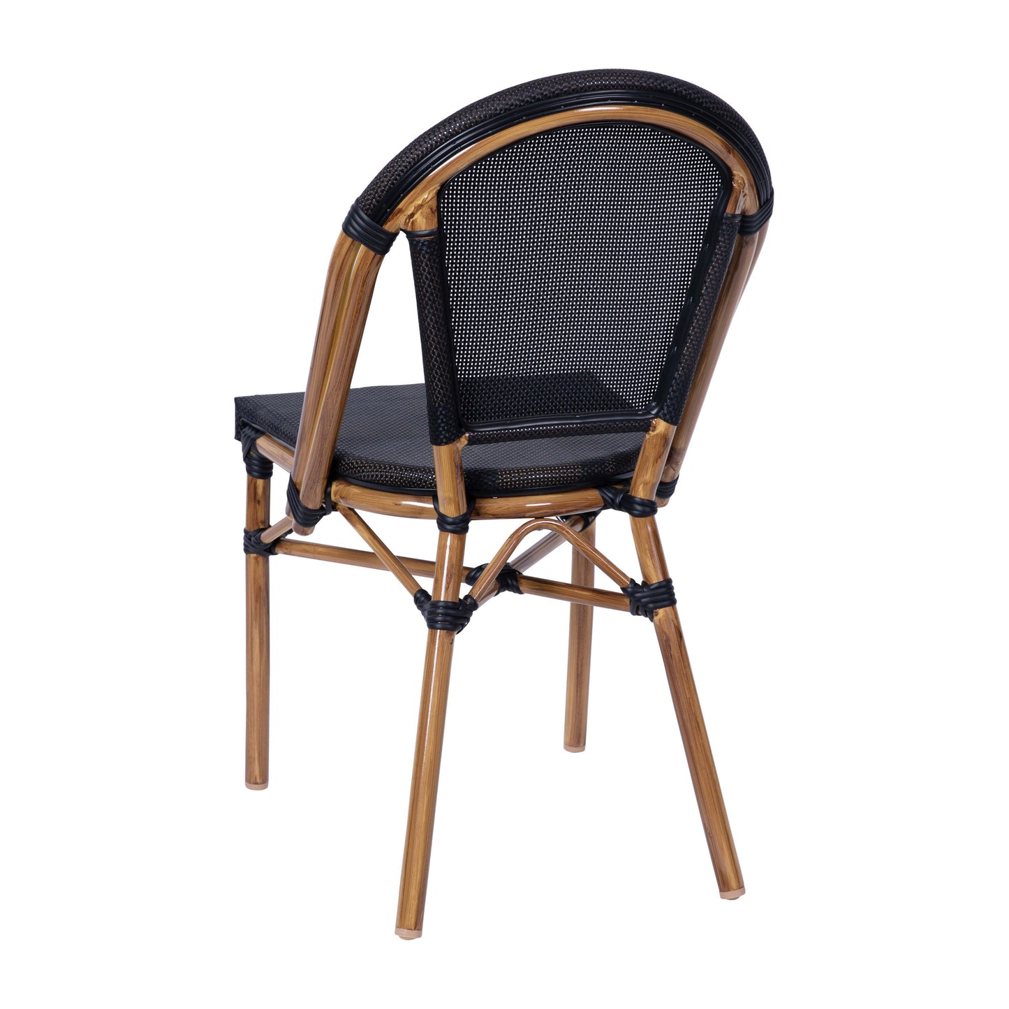 Marseille Indoor/Outdoor Commercial Bistro Stacking Chair, Textilene Back and Seat, Bamboo Print Aluminum Frame