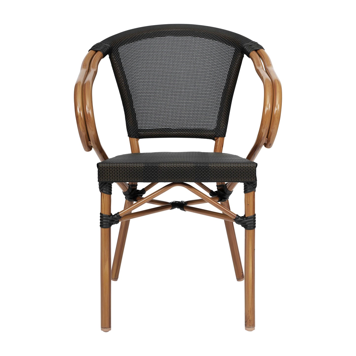 Marseille Indoor/Outdoor Commercial Bistro Stacking Chair with Arms, Textilene and Bamboo Print Aluminum Frame