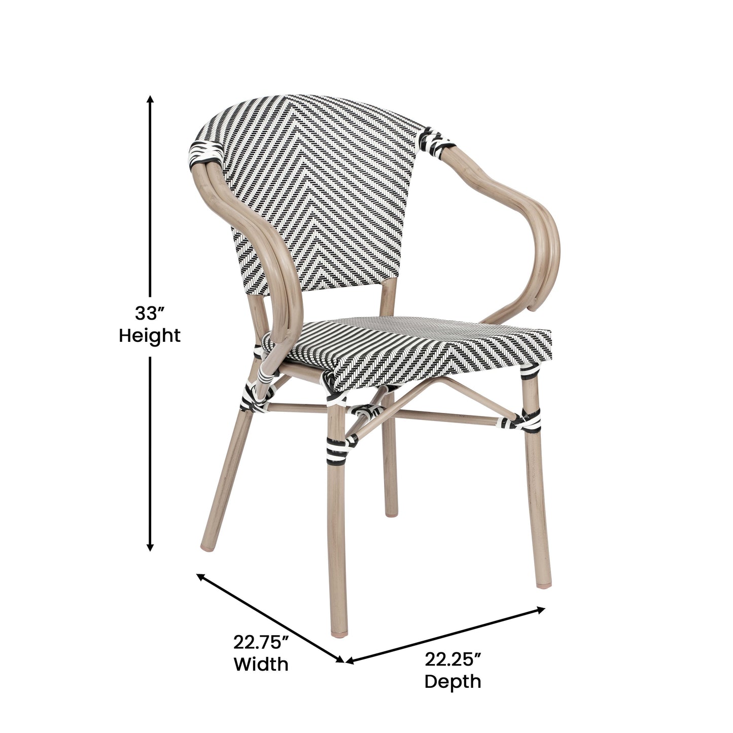 Marseille Indoor/Outdoor Commercial Bistro Stacking Chair with Arms, Textilene and Bamboo Print Aluminum Frame