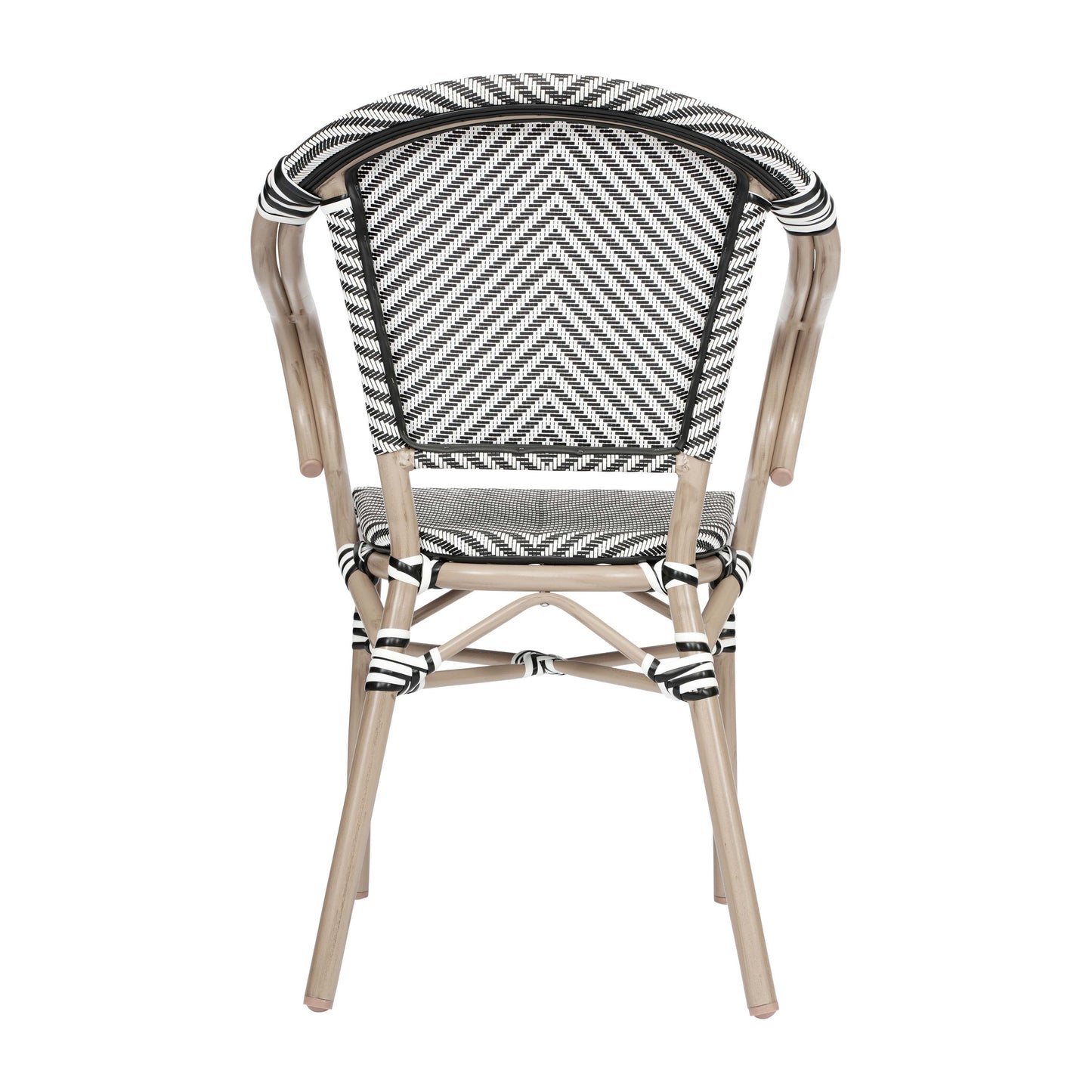 Marseille Indoor/Outdoor Commercial Bistro Stacking Chair with Arms, Textilene and Bamboo Print Aluminum Frame