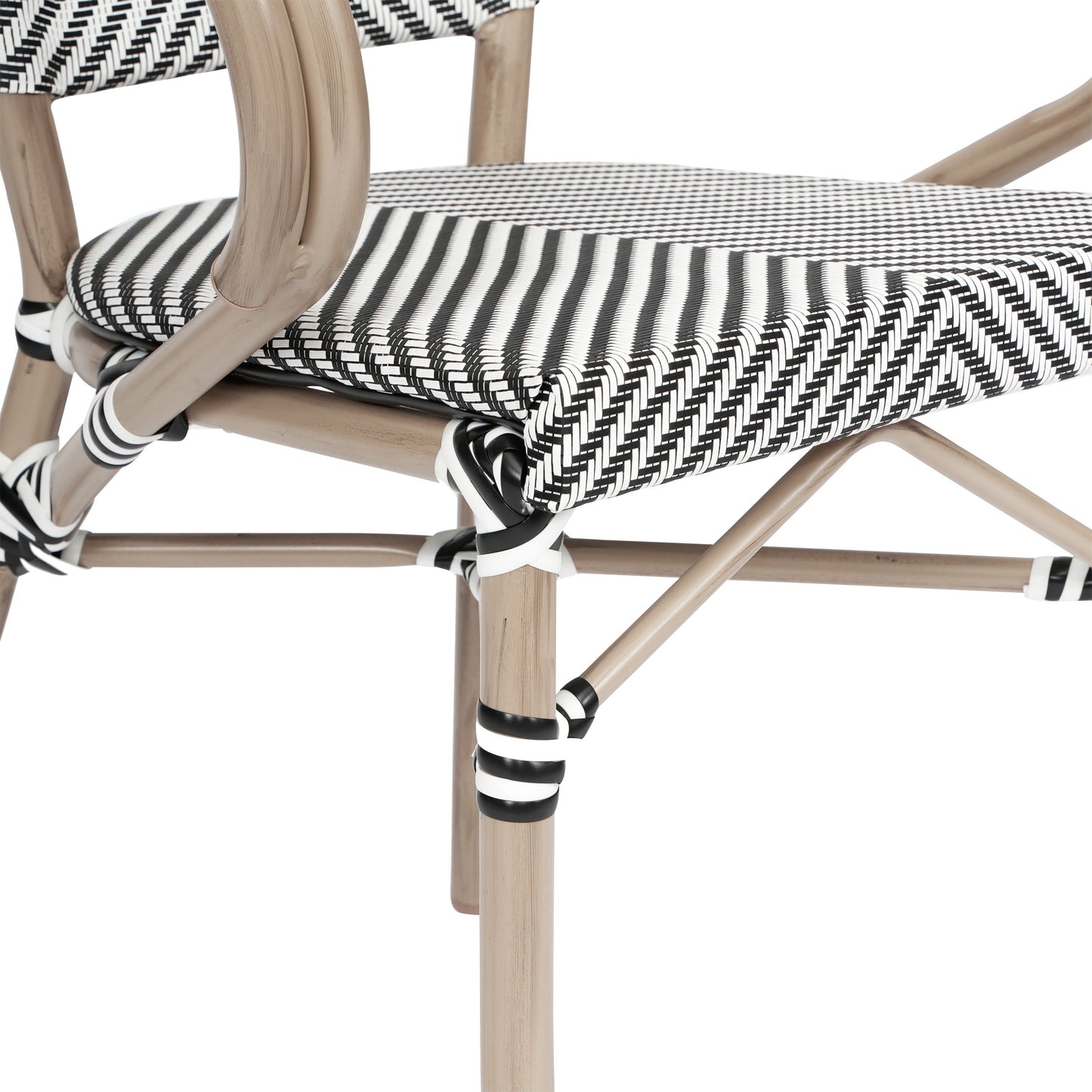 Marseille Indoor/Outdoor Commercial Bistro Stacking Chair with Arms, Textilene and Bamboo Print Aluminum Frame