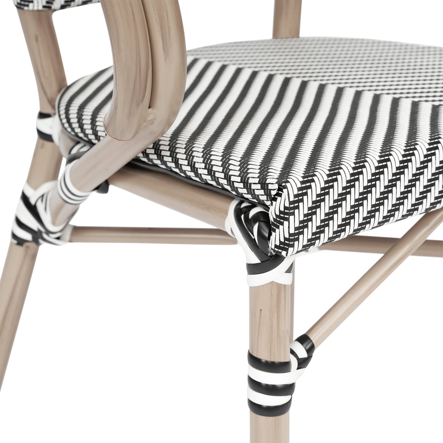 Marseille Indoor/Outdoor Commercial Bistro Stacking Chair with Arms, Textilene and Bamboo Print Aluminum Frame