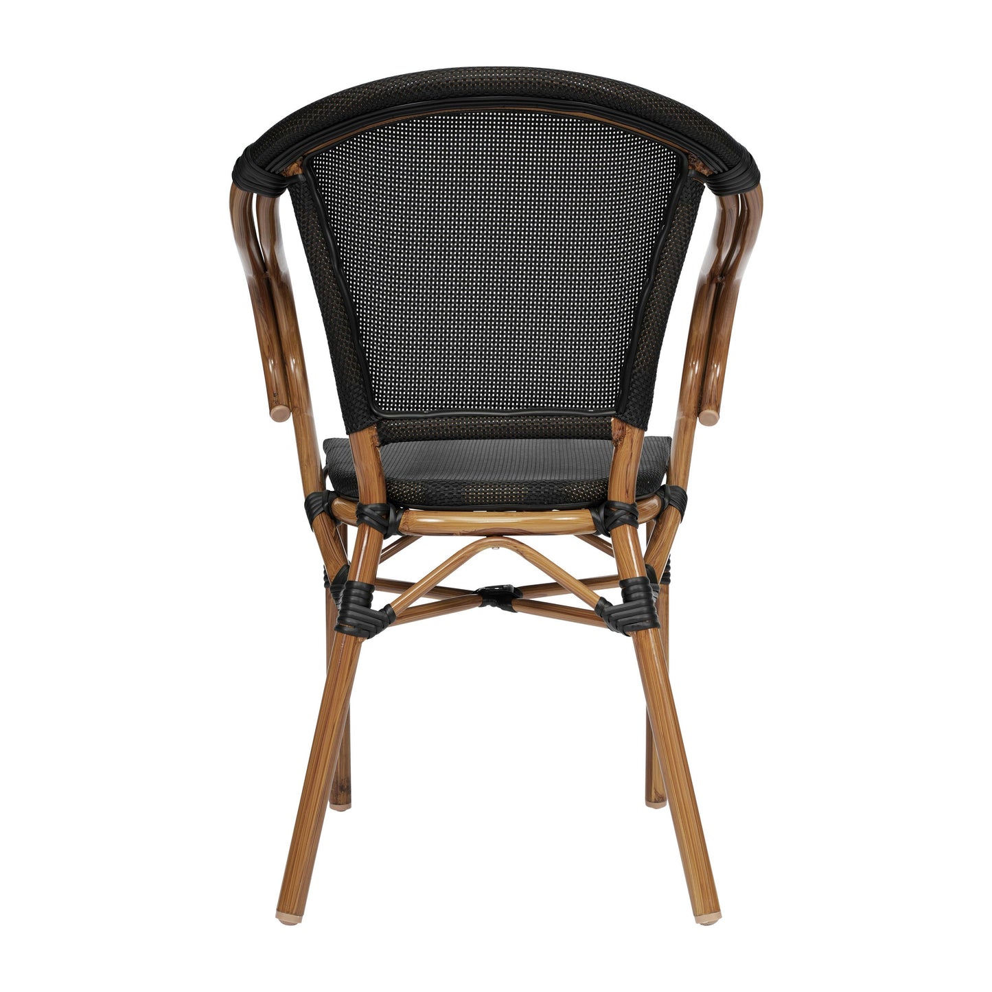 Marseille Indoor/Outdoor Commercial Bistro Stacking Chair with Arms, Textilene and Bamboo Print Aluminum Frame