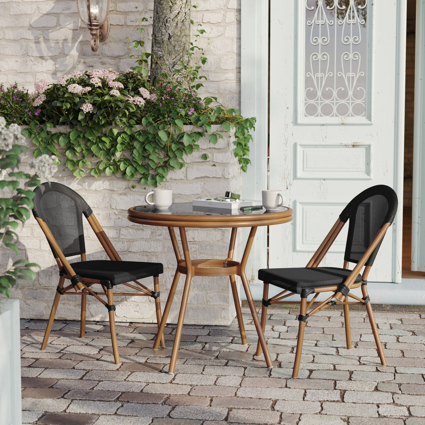 Marseille Indoor/Outdoor Commercial Bistro 31.5" Table, Textilene, Glass Top, Bamboo Print Aluminum Frame