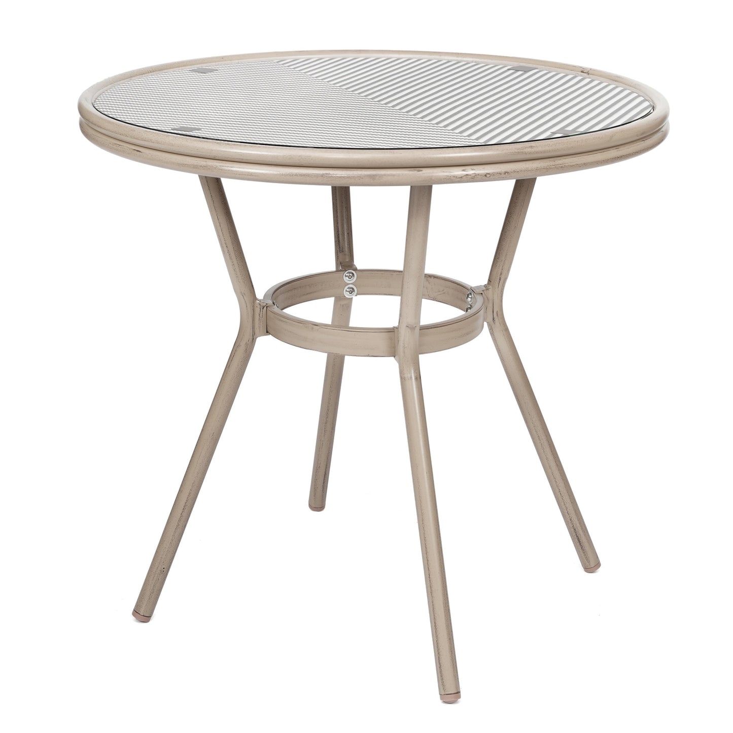 Marseille Indoor/Outdoor Commercial Bistro 31.5" Table, Textilene, Glass Top with 4 Stack Chairs