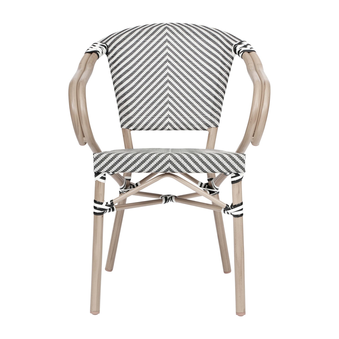 Marseille Indoor/Outdoor Commercial Bistro Stacking Chair with Arms, Textilene and Bamboo Print Aluminum Frame
