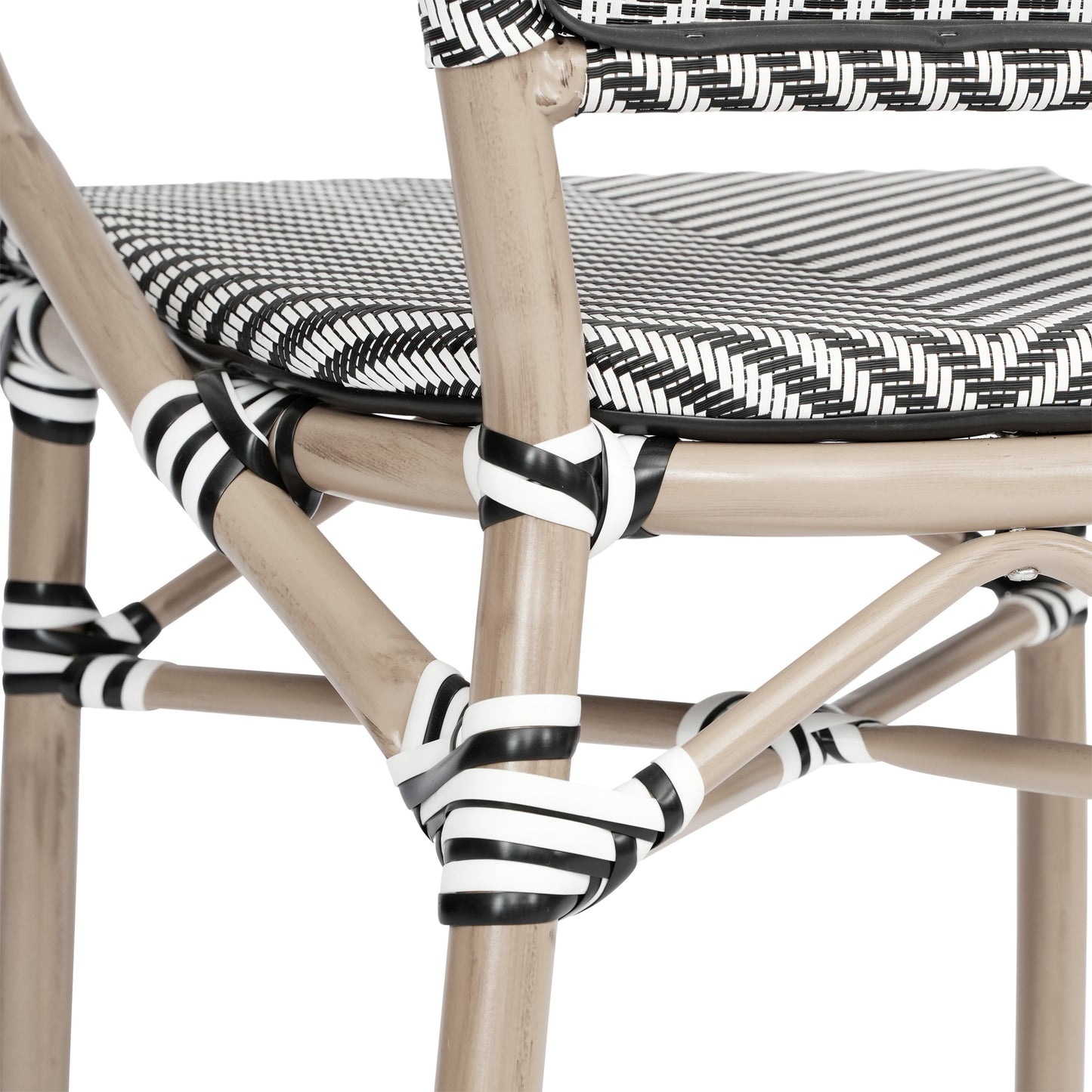 Marseille Indoor/Outdoor Commercial Bistro Stacking Chair with Arms, Textilene and Bamboo Print Aluminum Frame