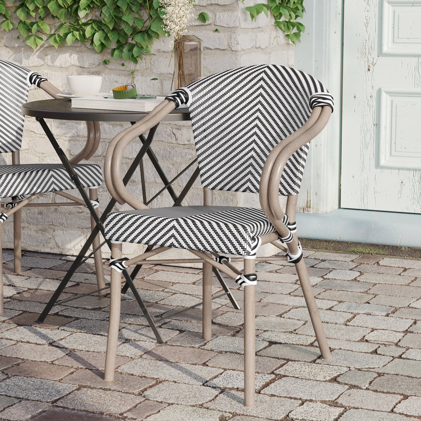 Marseille Indoor/Outdoor Commercial Bistro Stacking Chair with Arms, Textilene and Bamboo Print Aluminum Frame