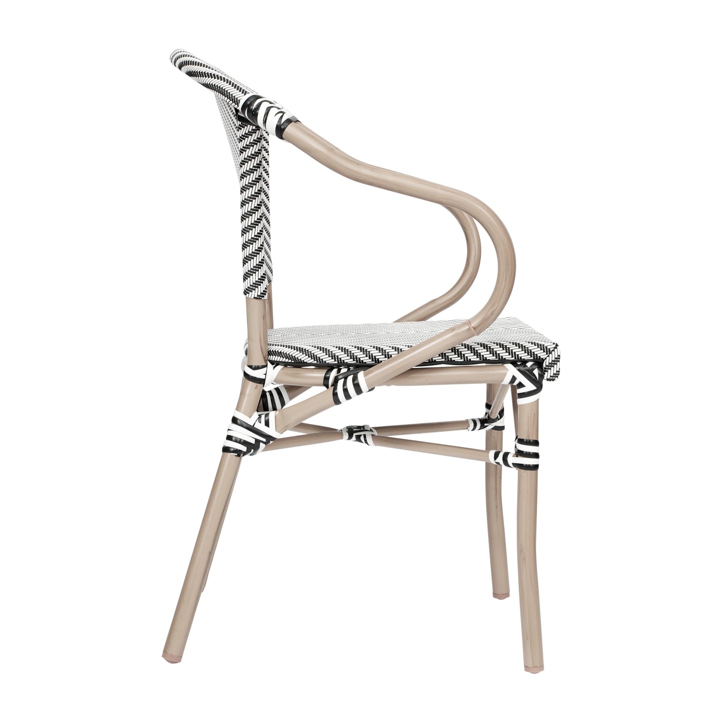 Marseille Indoor/Outdoor Commercial Bistro Stacking Chair with Arms, Textilene and Bamboo Print Aluminum Frame