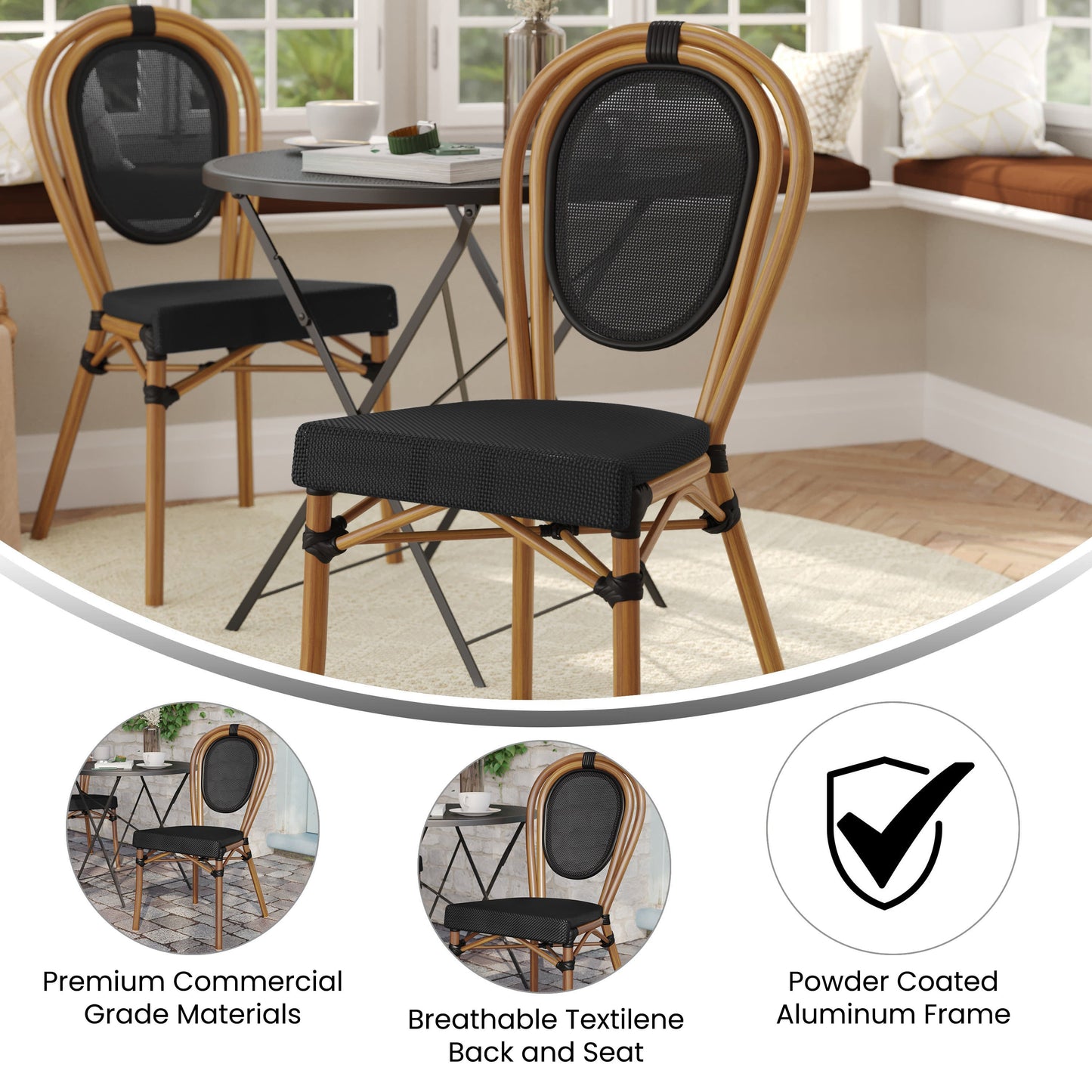 Marseille Indoor/Outdoor Commercial Thonet Bistro Stacking Chair, Textilene and Bamboo Print Aluminum Frame