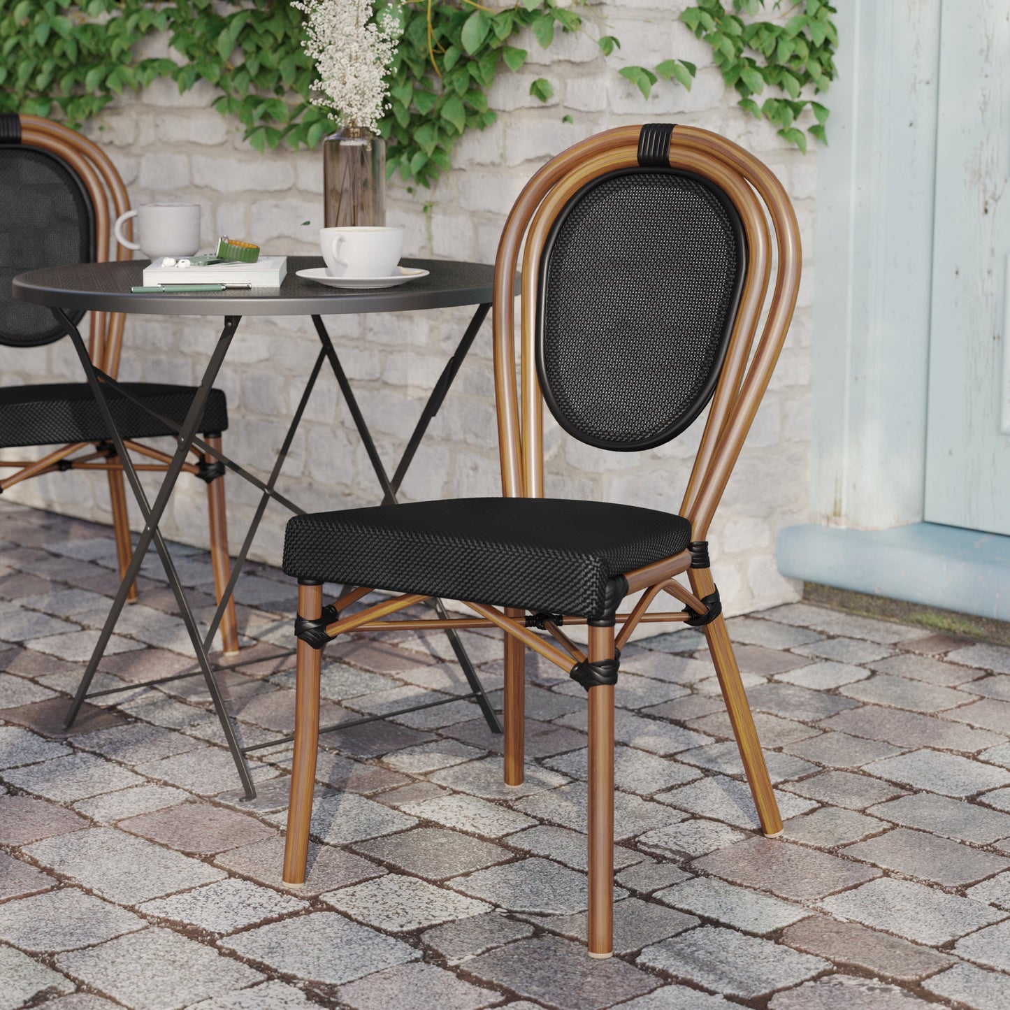 Marseille Indoor/Outdoor Commercial Thonet Bistro Stacking Chair, Textilene and Bamboo Print Aluminum Frame