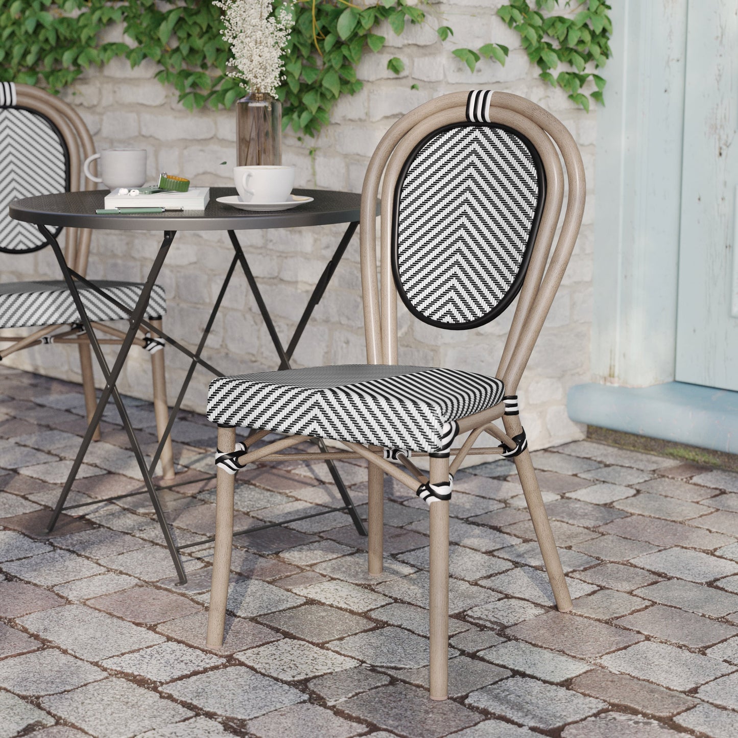 Marseille Indoor/Outdoor Commercial Thonet Bistro Stacking Chair, Textilene and Bamboo Print Aluminum Frame