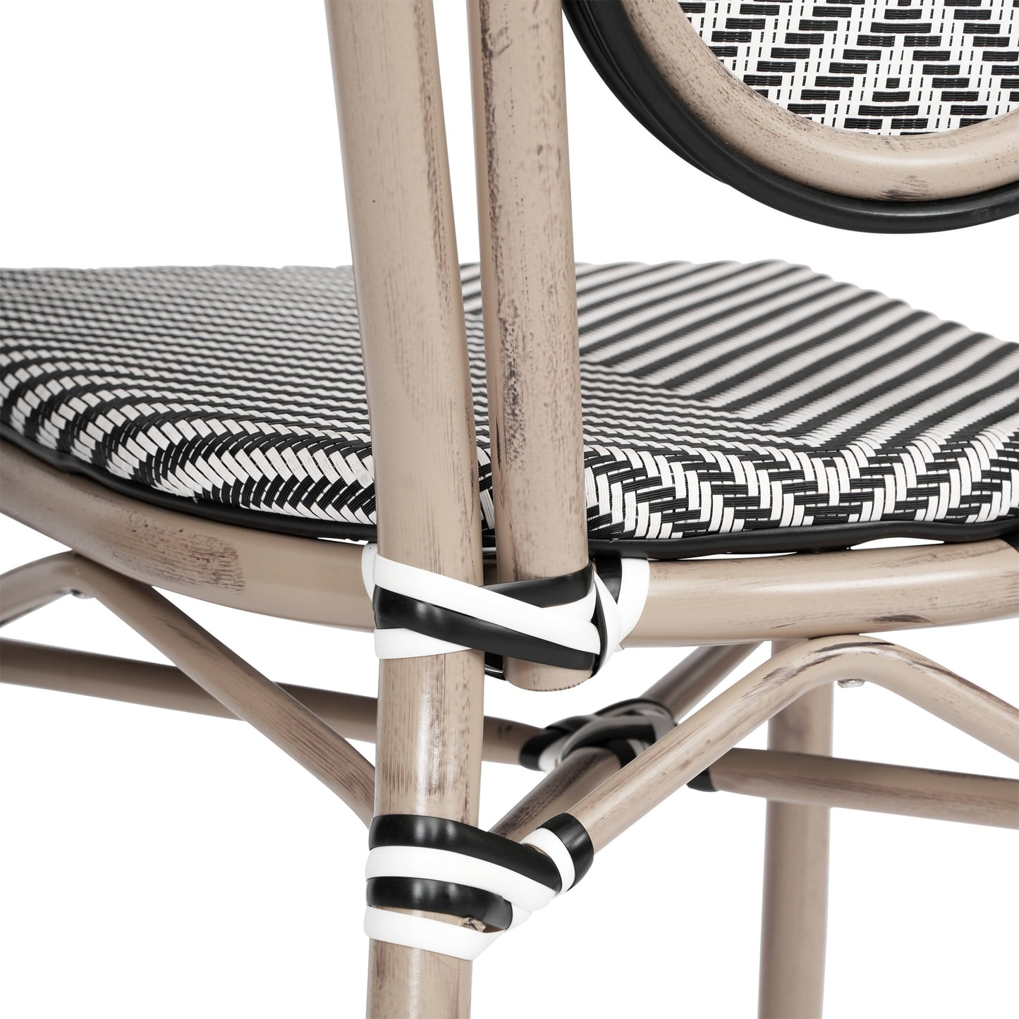 Marseille Indoor/Outdoor Commercial Thonet Bistro Stacking Chair, Textilene and Bamboo Print Aluminum Frame