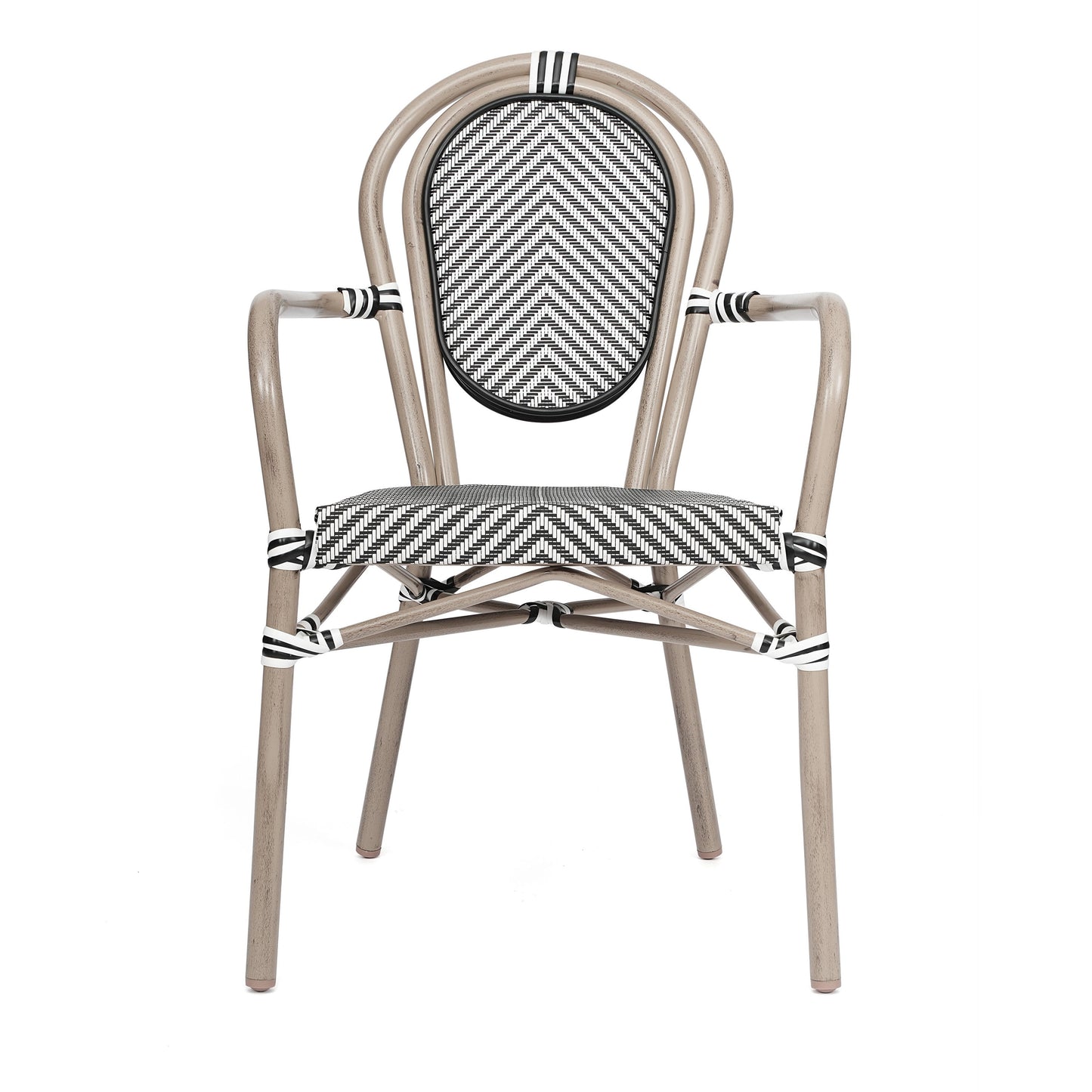 Marseille Indoor/Outdoor Commercial Thonet Bistro Stacking Chair with Arms, Textilene and Bamboo Print Aluminum Frame
