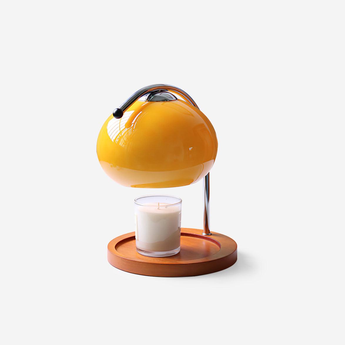 Arched Candle Warmer Table Lamp With Glass Shade And Wooden Tray Base