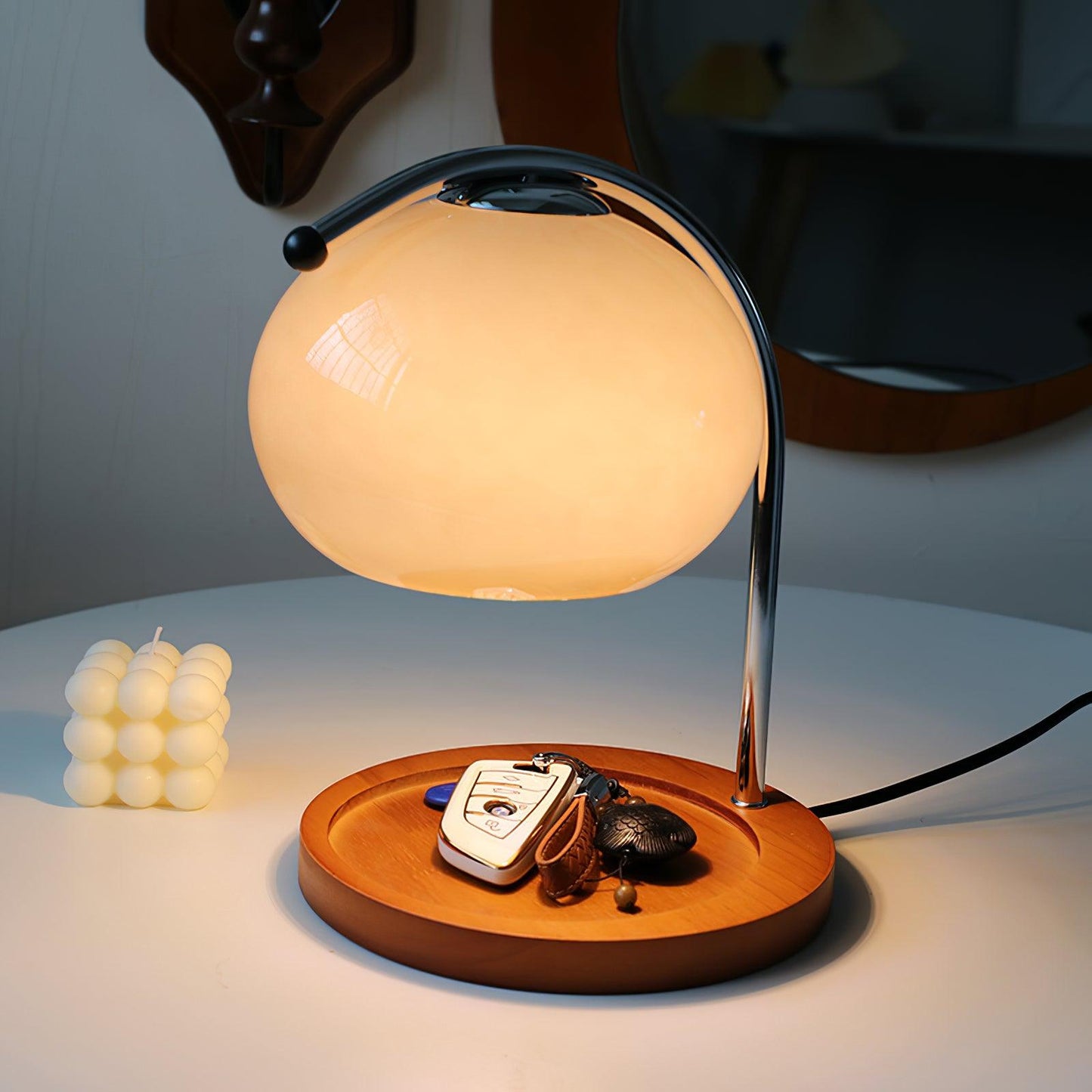 Arched Candle Warmer Table Lamp With Glass Shade And Wooden Tray Base