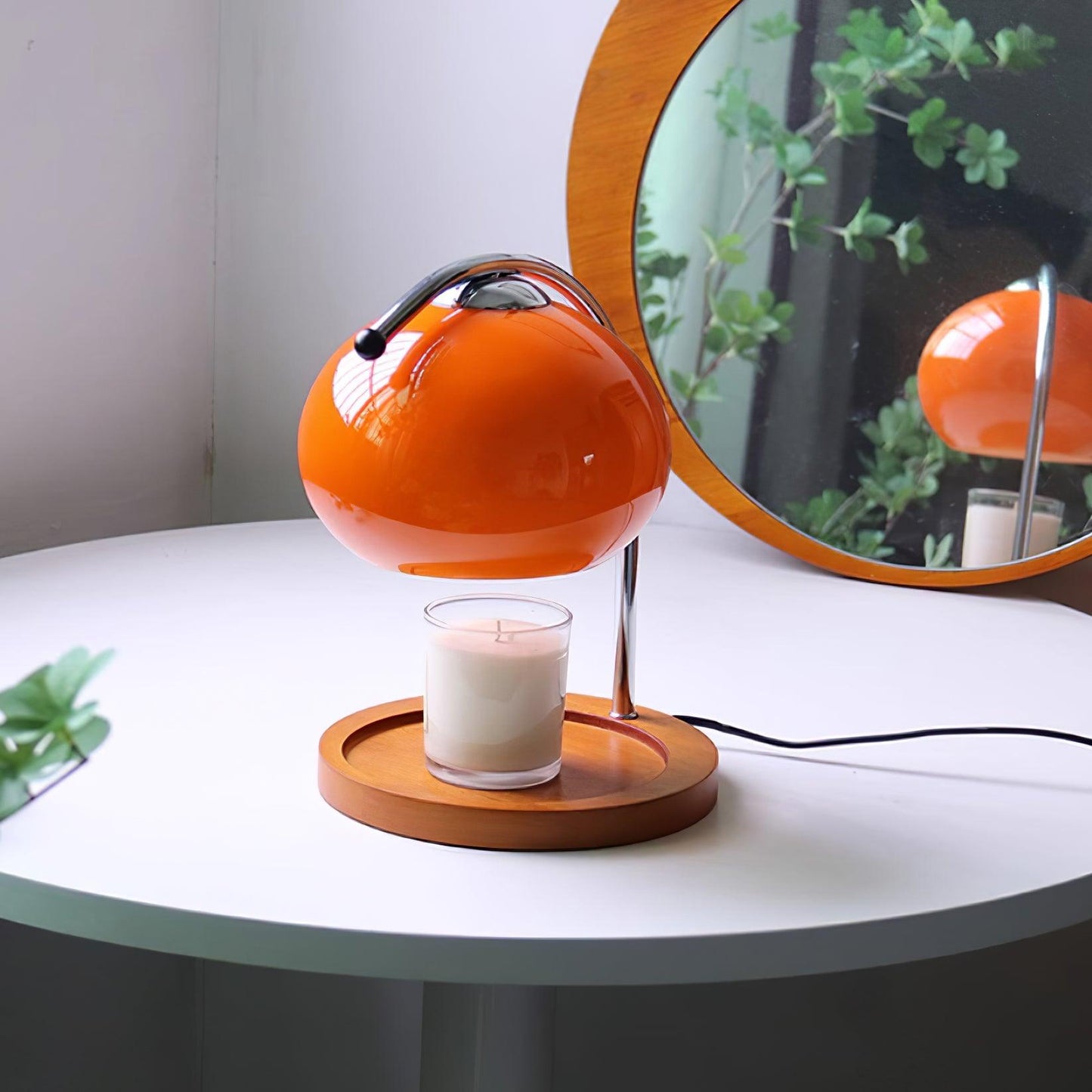 Arched Candle Warmer Table Lamp With Glass Shade And Wooden Tray Base