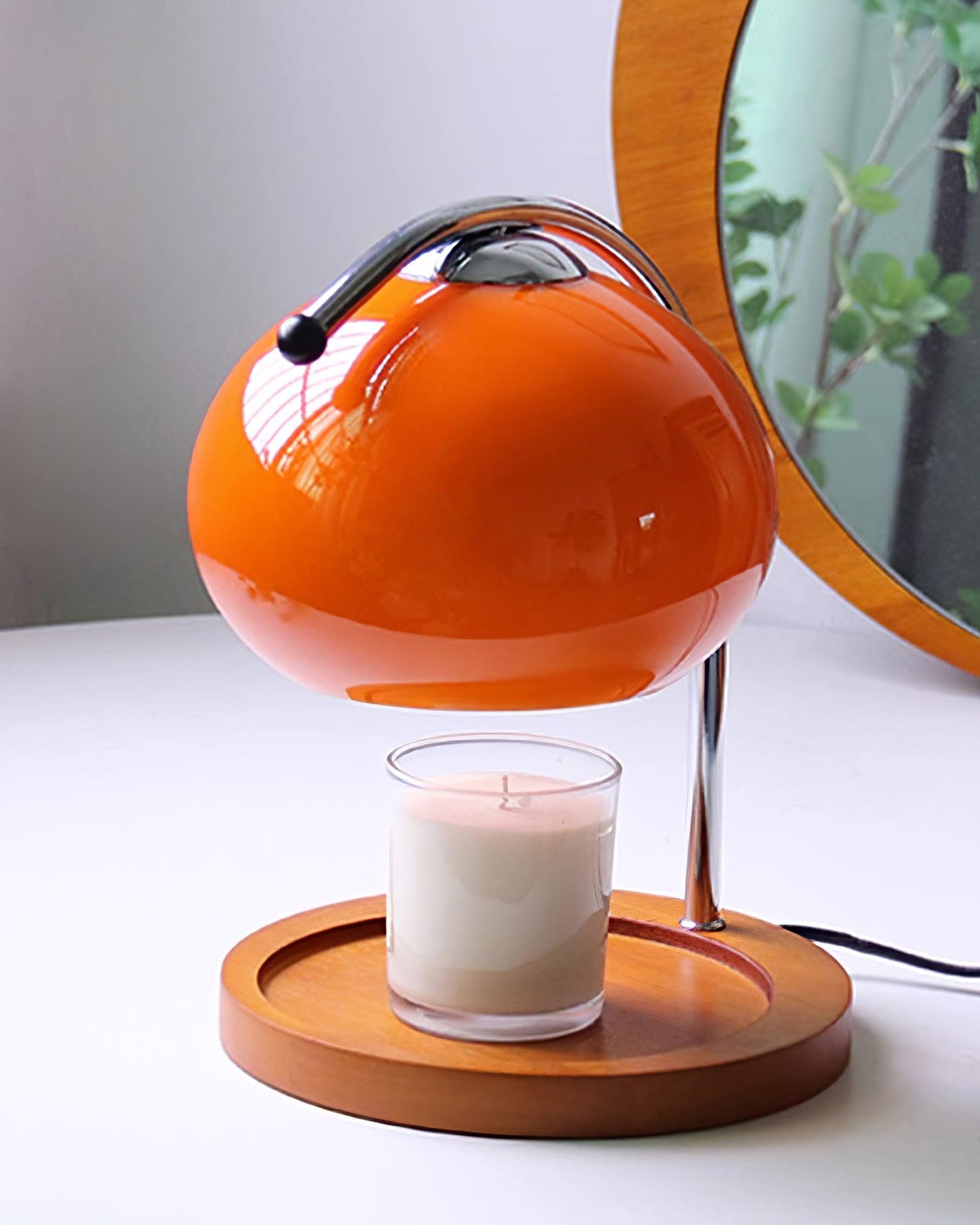 Arched Candle Warmer Table Lamp With Glass Shade And Wooden Tray Base
