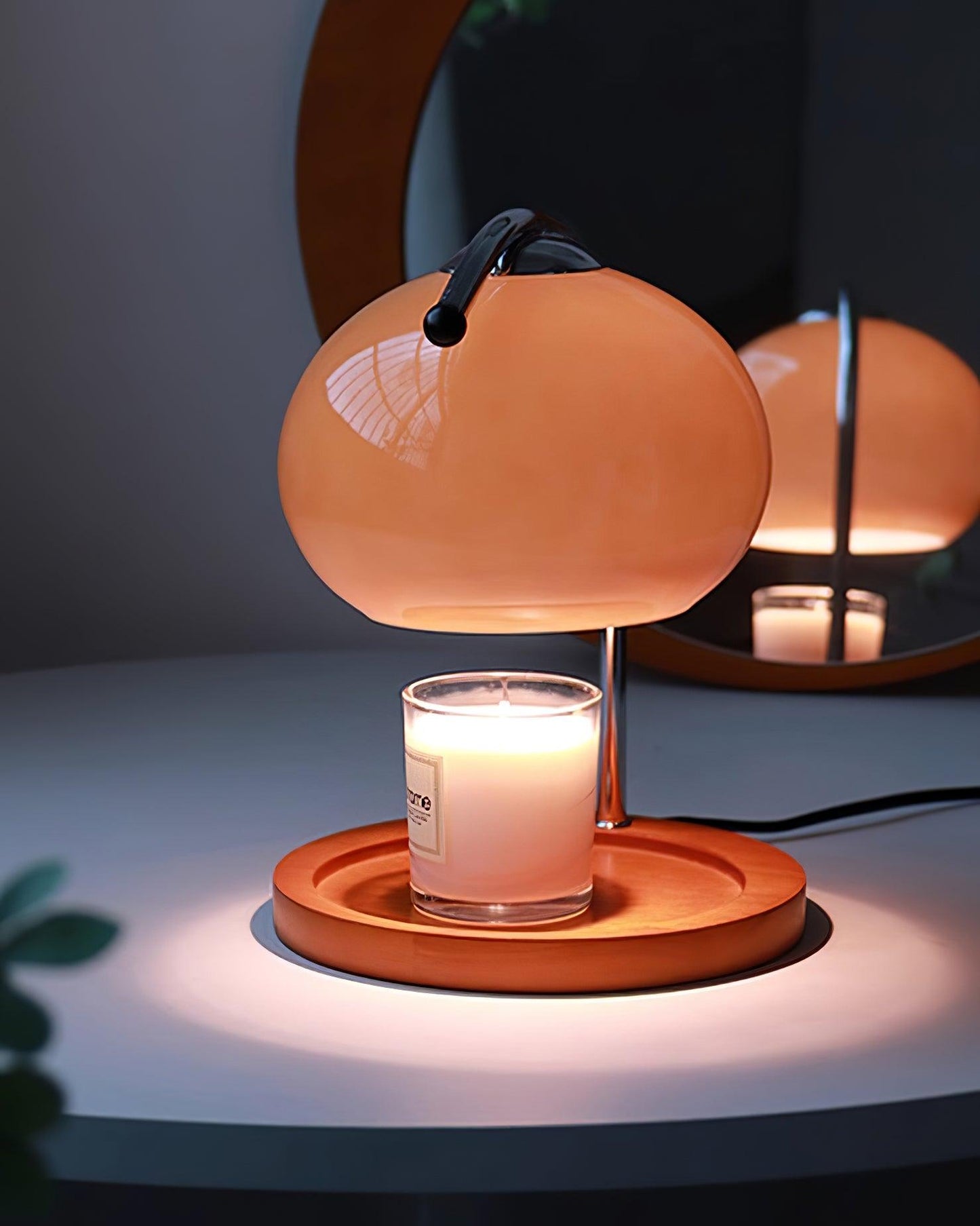 Arched Candle Warmer Table Lamp With Glass Shade And Wooden Tray Base