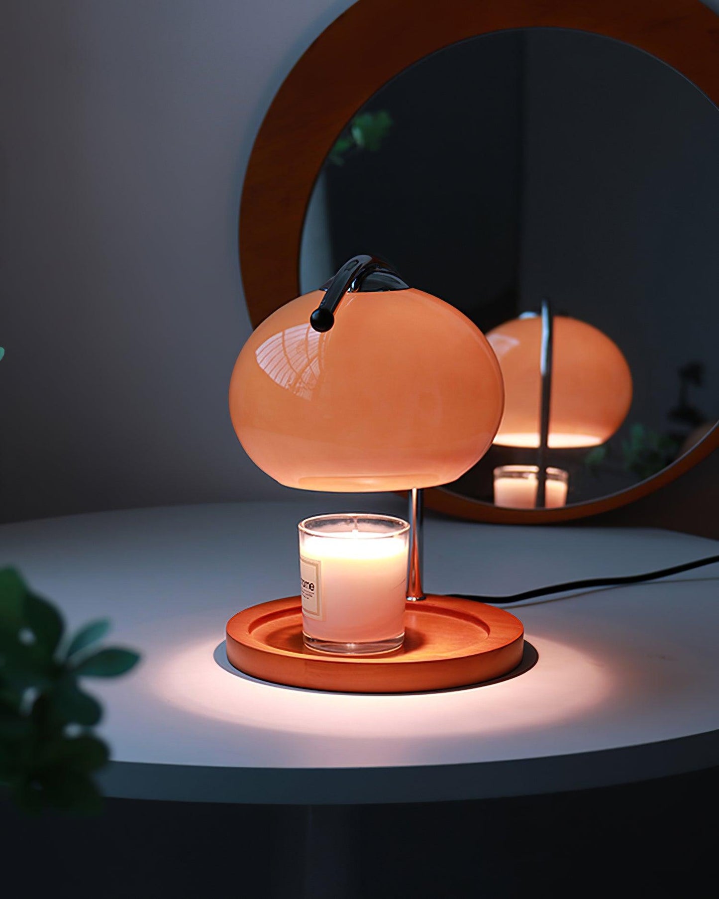 Arched Candle Warmer Table Lamp With Glass Shade And Wooden Tray Base