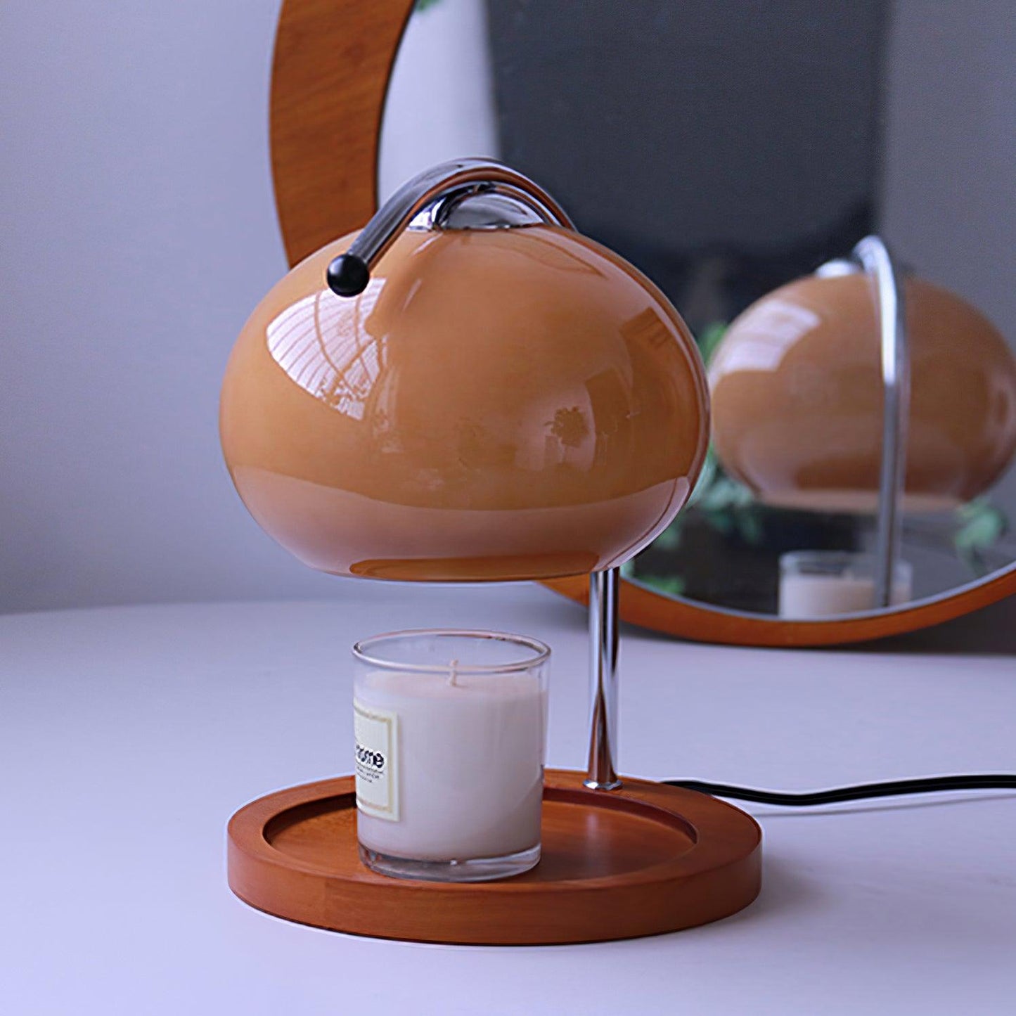 Arched Candle Warmer Table Lamp With Glass Shade And Wooden Tray Base