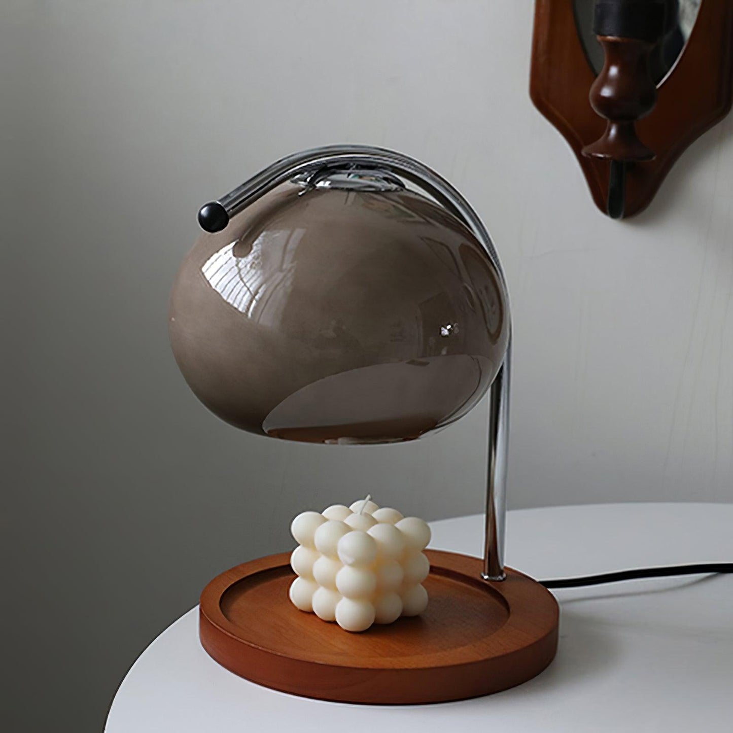 Arched Candle Warmer Table Lamp With Glass Shade And Wooden Tray Base