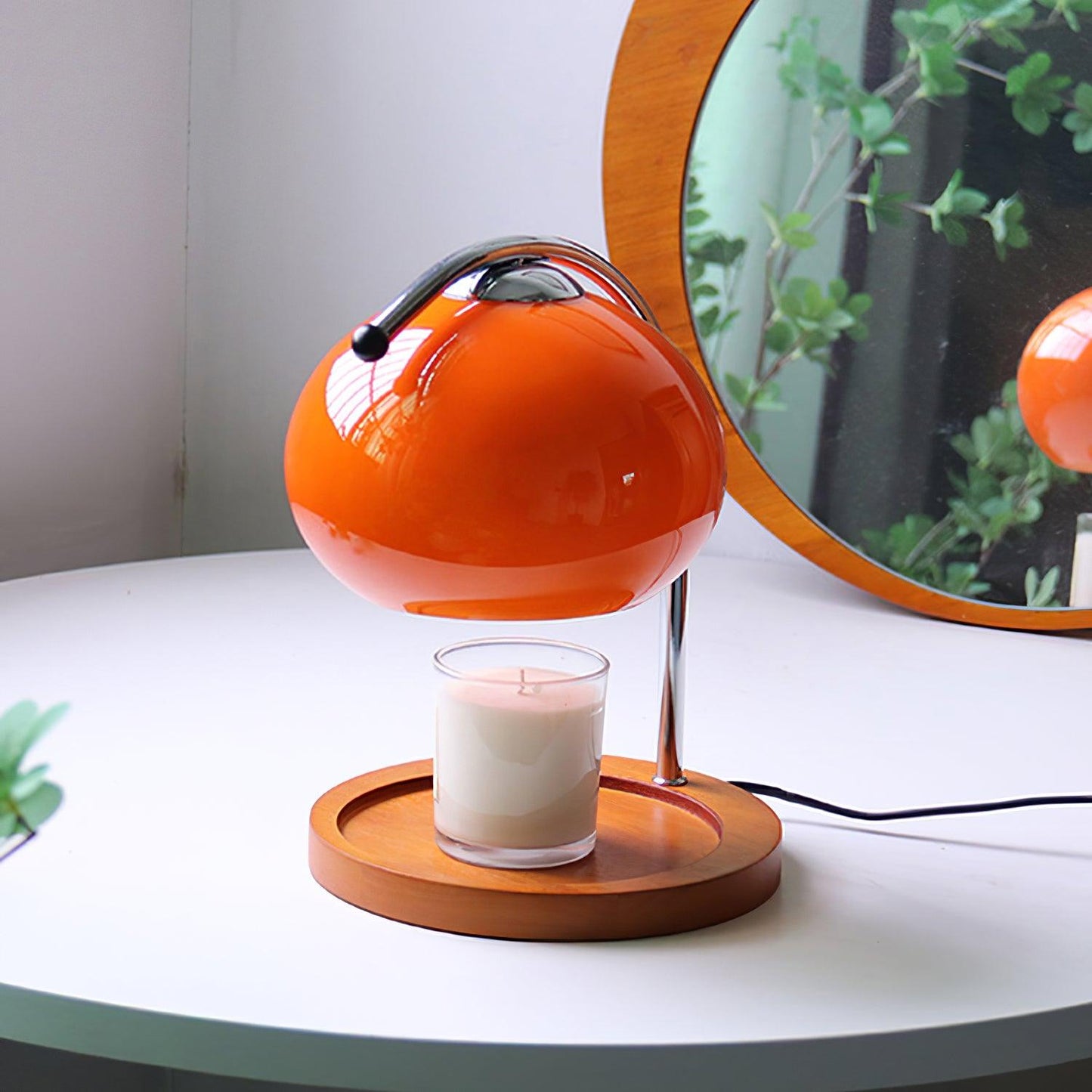 Arched Candle Warmer Table Lamp With Glass Shade And Wooden Tray Base