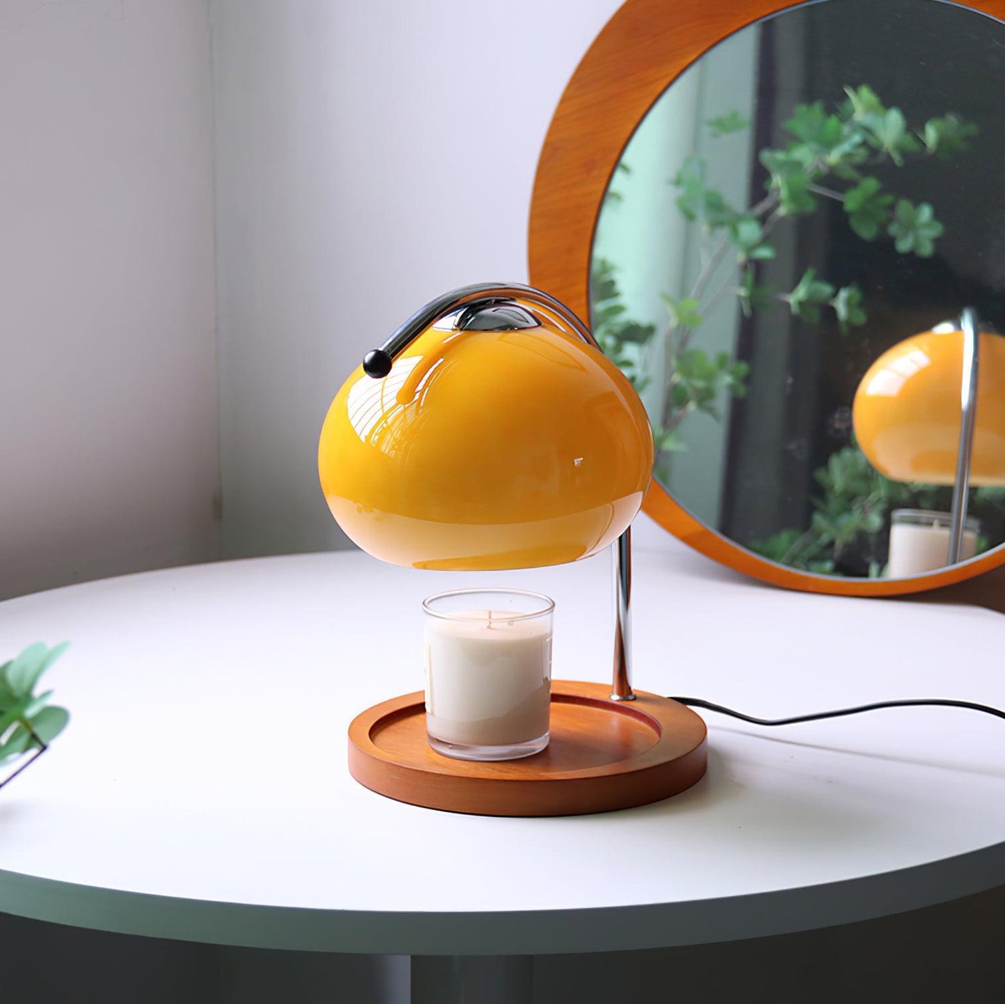 Arched Candle Warmer Table Lamp With Glass Shade And Wooden Tray Base