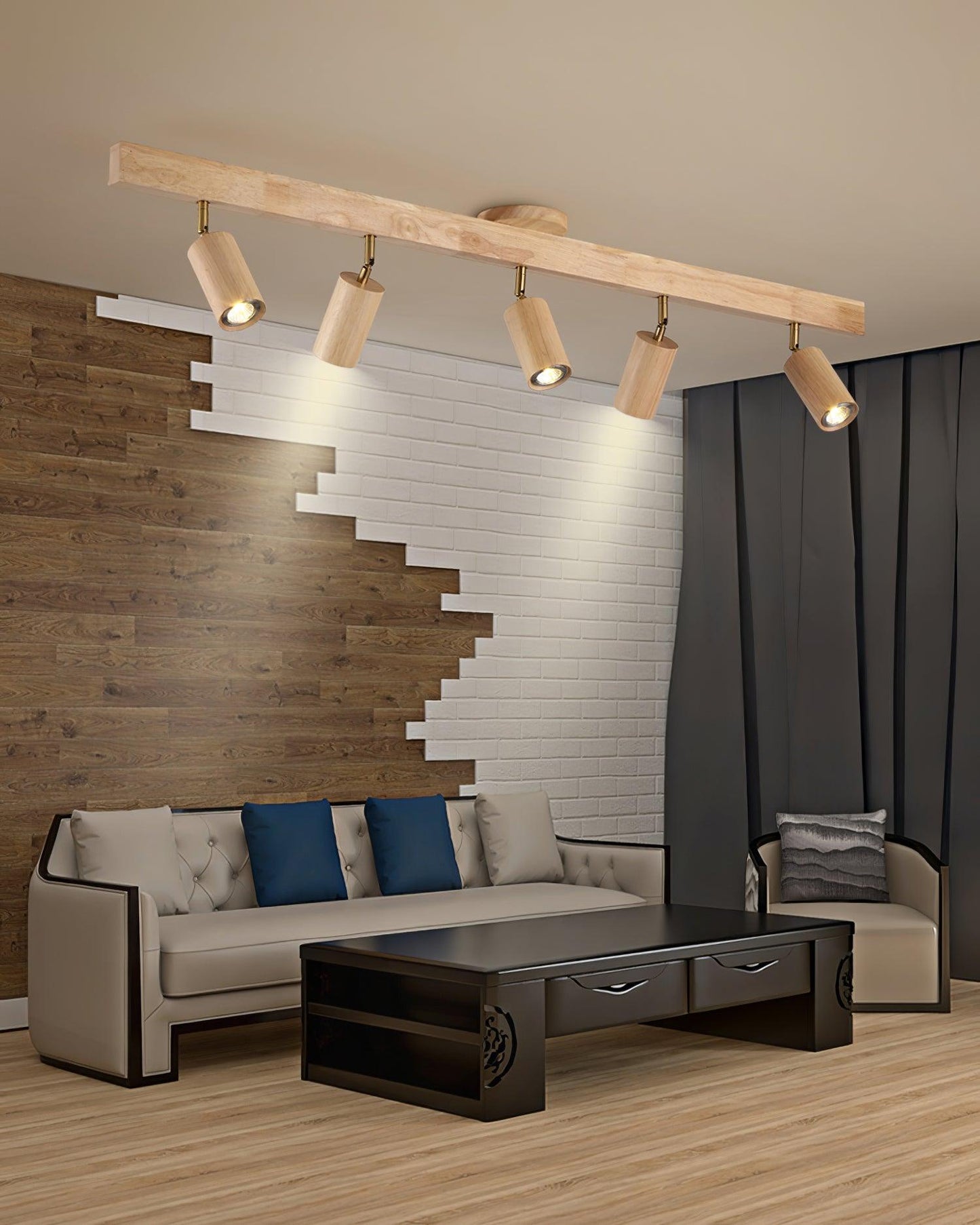 Adjustable Wood Bar Multi-Spot Ceiling Light With Pivot Spotlights
