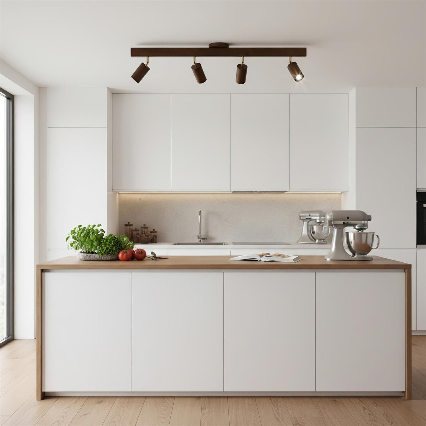Adjustable Wood Bar Multi-Spot Ceiling Light With Pivot Spotlights