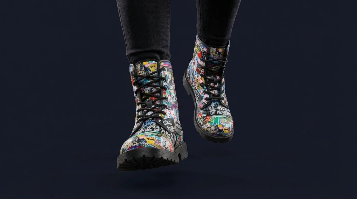 Urban Graffiti Combat Boots – All-Over Print Martin Boots – Maximalist Street Art Footwear