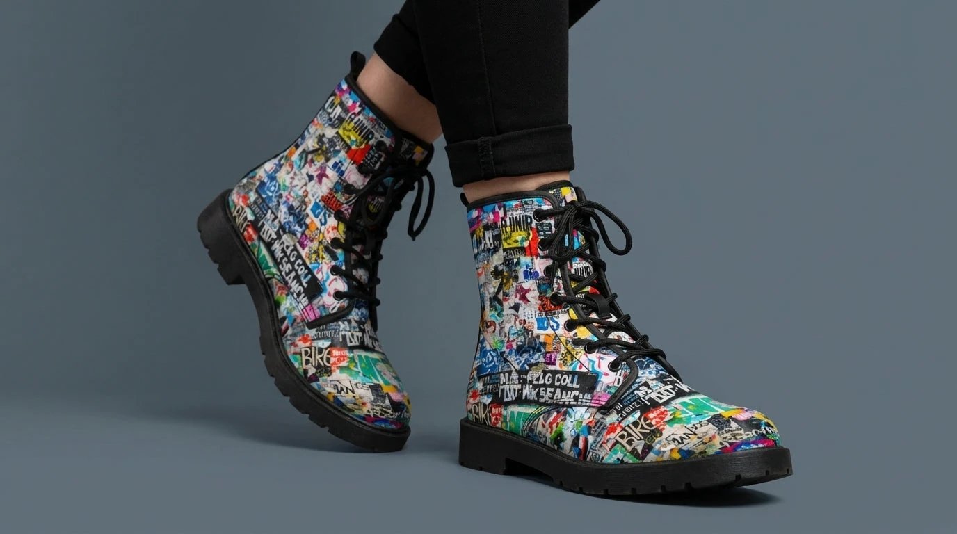 Urban Graffiti Combat Boots – All-Over Print Martin Boots – Maximalist Street Art Footwear