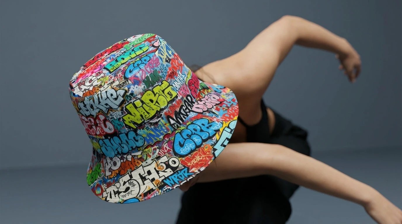 Reversible Bucket Hat — All-Over-Print Graffiti Urban Street Art, Multicolor AOP Typography, Both Sides Printed
