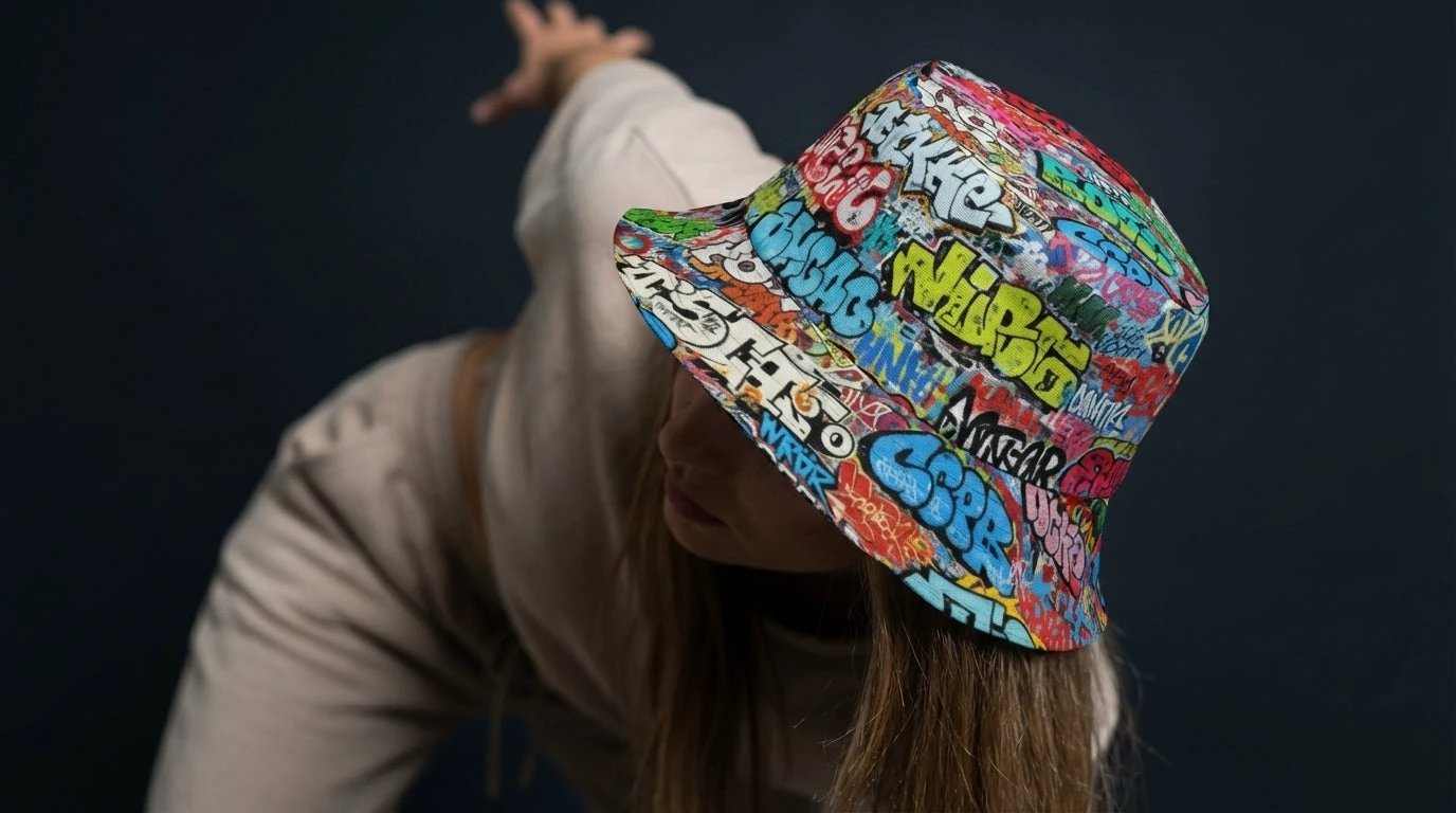 Reversible Bucket Hat — All-Over-Print Graffiti Urban Street Art, Multicolor AOP Typography, Both Sides Printed